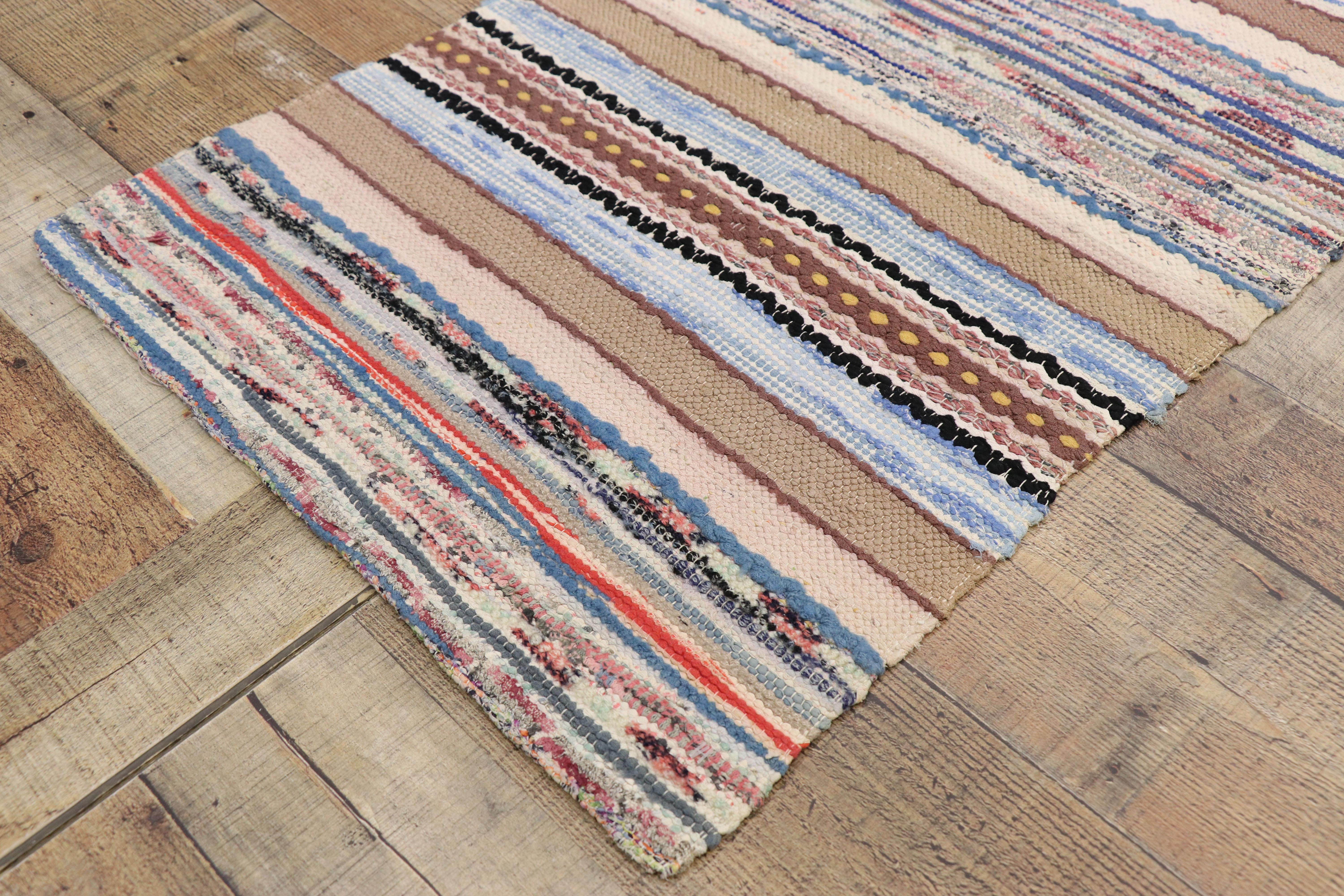 20th Century Vintage American Hooked Runner with Bohemian Style, Narrow Hall Striped Runner For Sale
