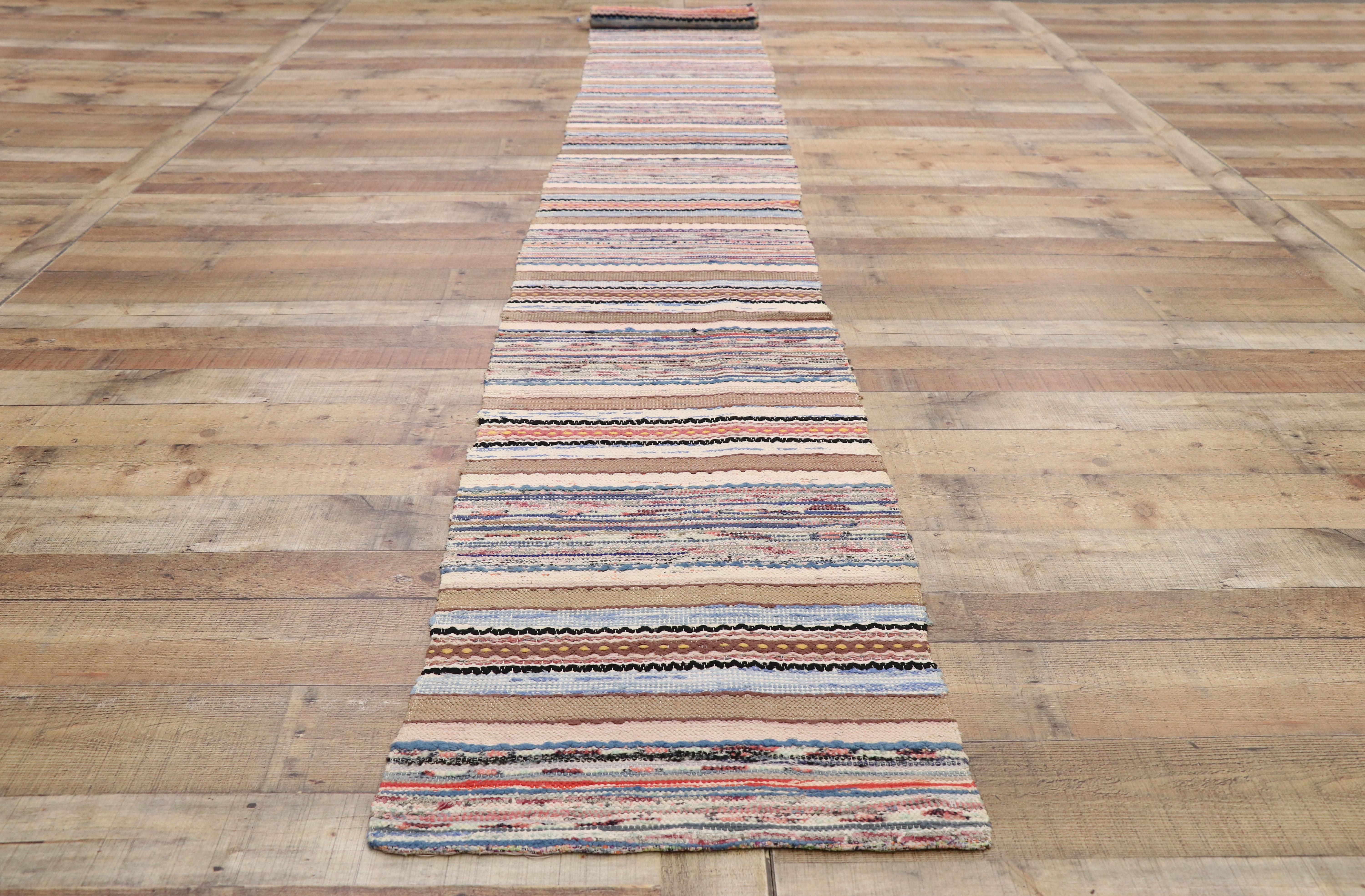 Wool Vintage American Hooked Runner with Bohemian Style, Narrow Hall Striped Runner For Sale