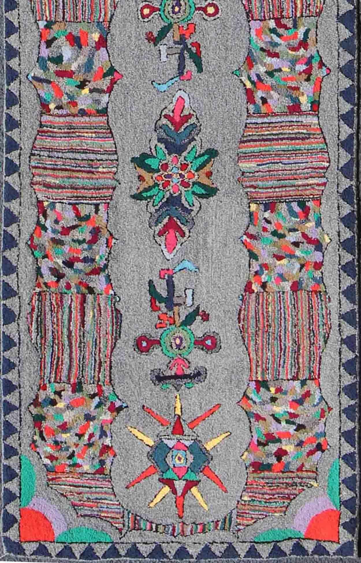 Vintage American Hooked runner with colorful vertical medallion design, rug f-0706, country of origin / type: United States / hooked, circa 1960.

This vintage American Hooked rug depicts a beautiful design of vertically-arranged medallion motifs