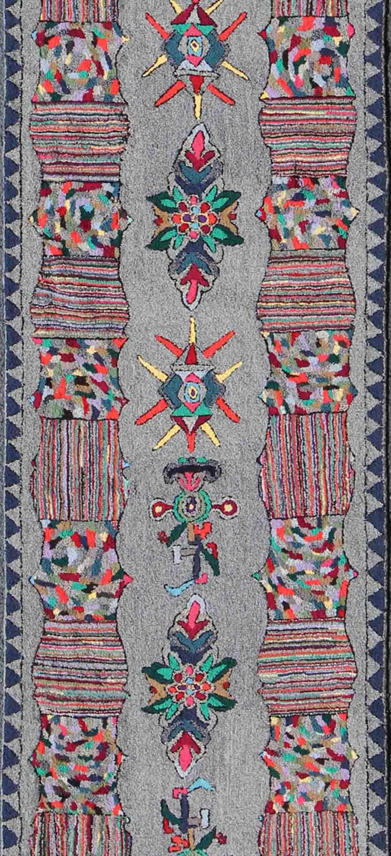 American Craftsman Vintage American Hooked Long Runner with Colorful Vertical Medallion Design For Sale