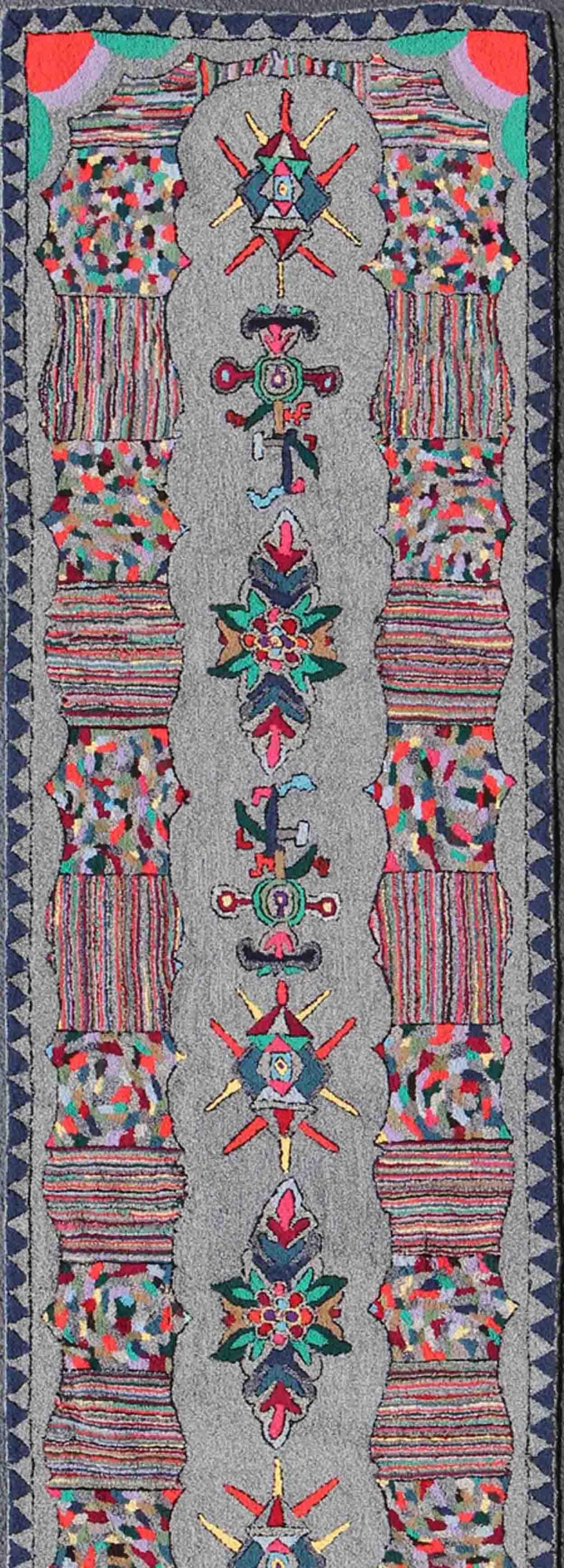 Hand-Knotted Vintage American Hooked Long Runner with Colorful Vertical Medallion Design For Sale