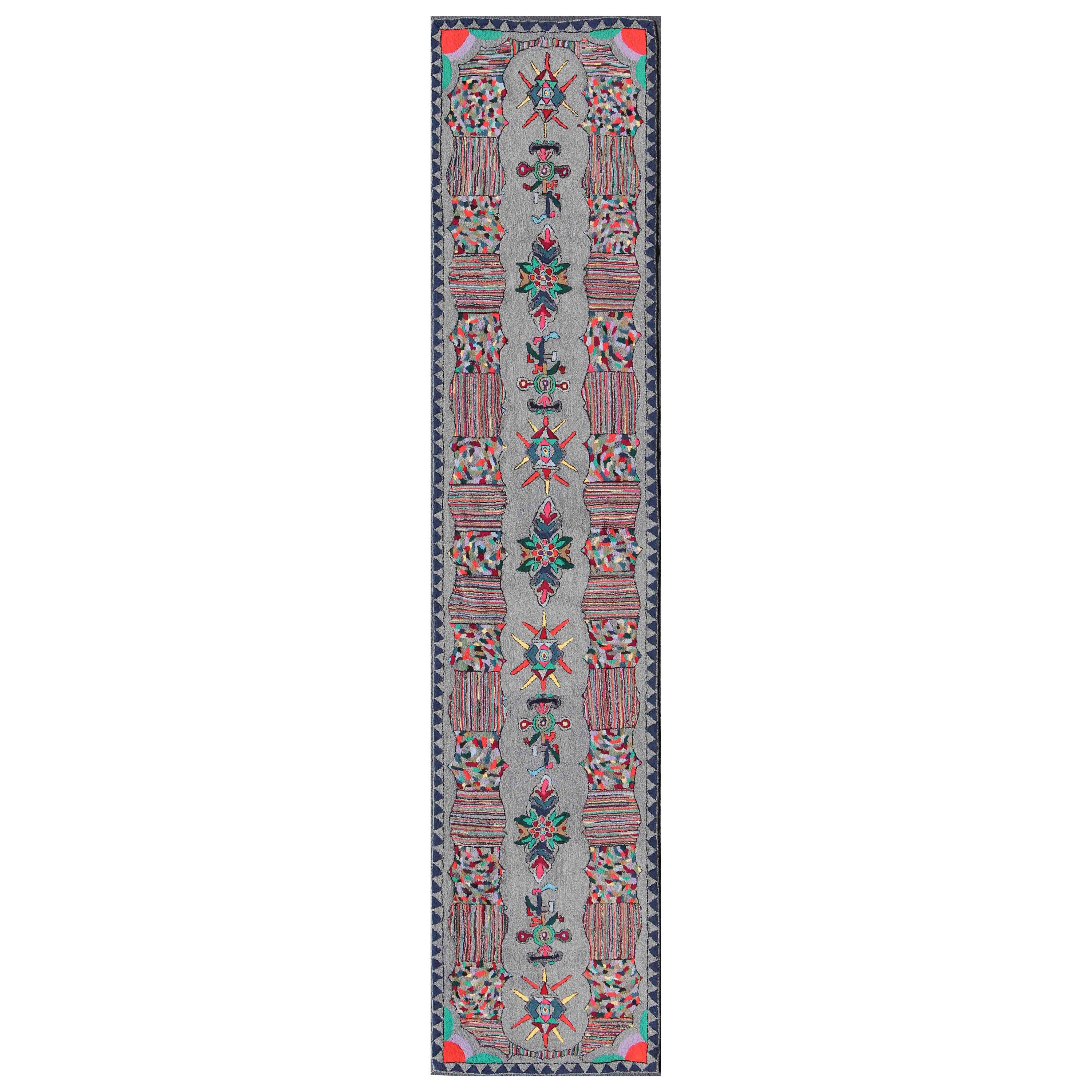 Vintage American Hooked Long Runner with Colorful Vertical Medallion Design