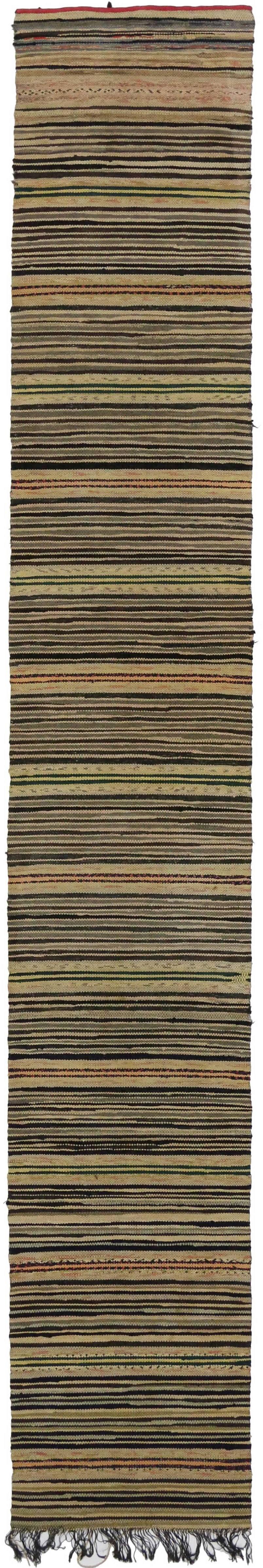 Vintage American Hooked Runner with Country Style, Narrow Hall Striped Runner For Sale 3