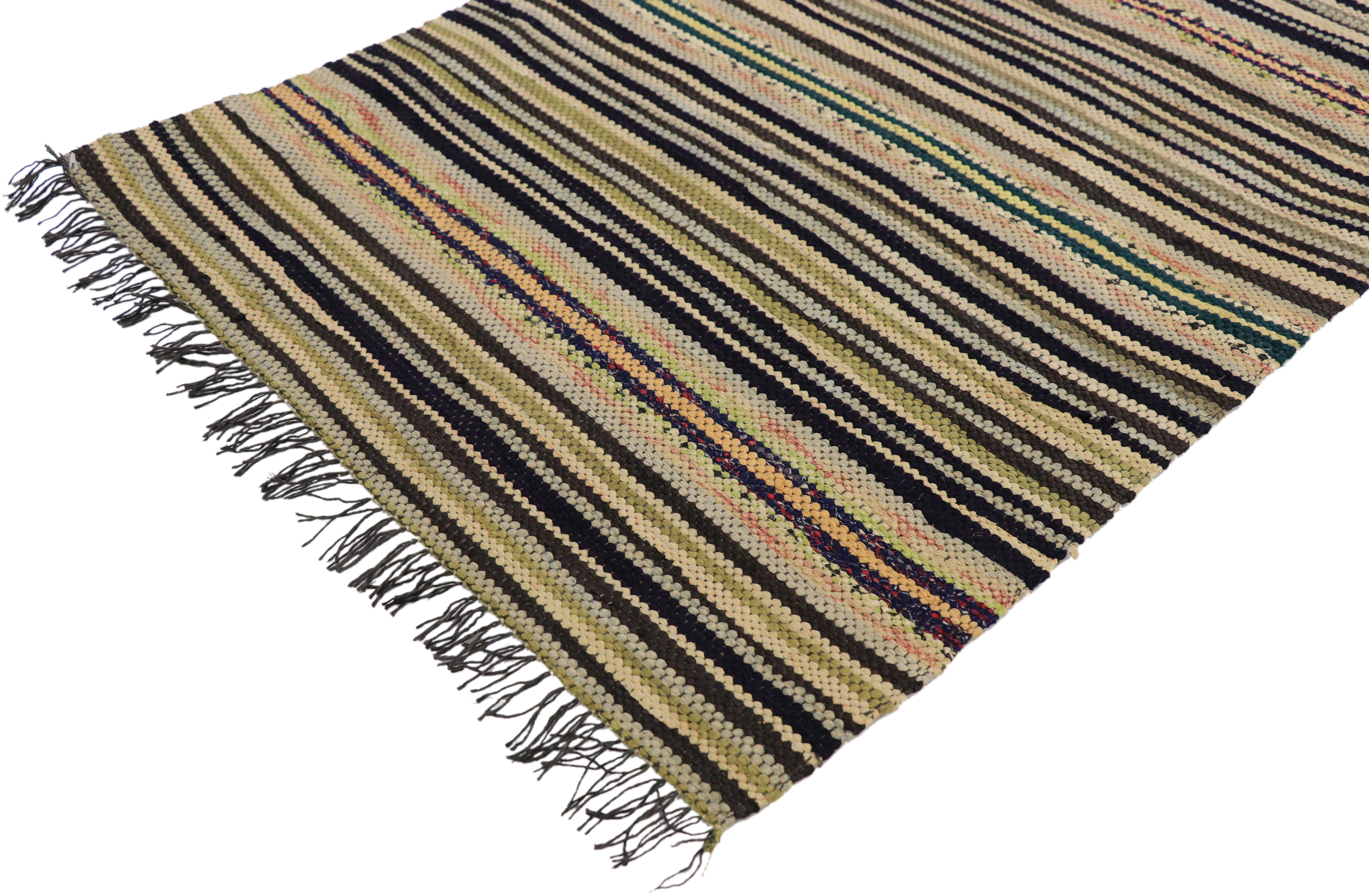 76624 Vintage American hooked runner with Country style, narrow striped hallway runner. This vintage American Hooked runner features a variety of colorful stripes composed of both wide and narrow bands forming a captivating visual effect. Vintage,