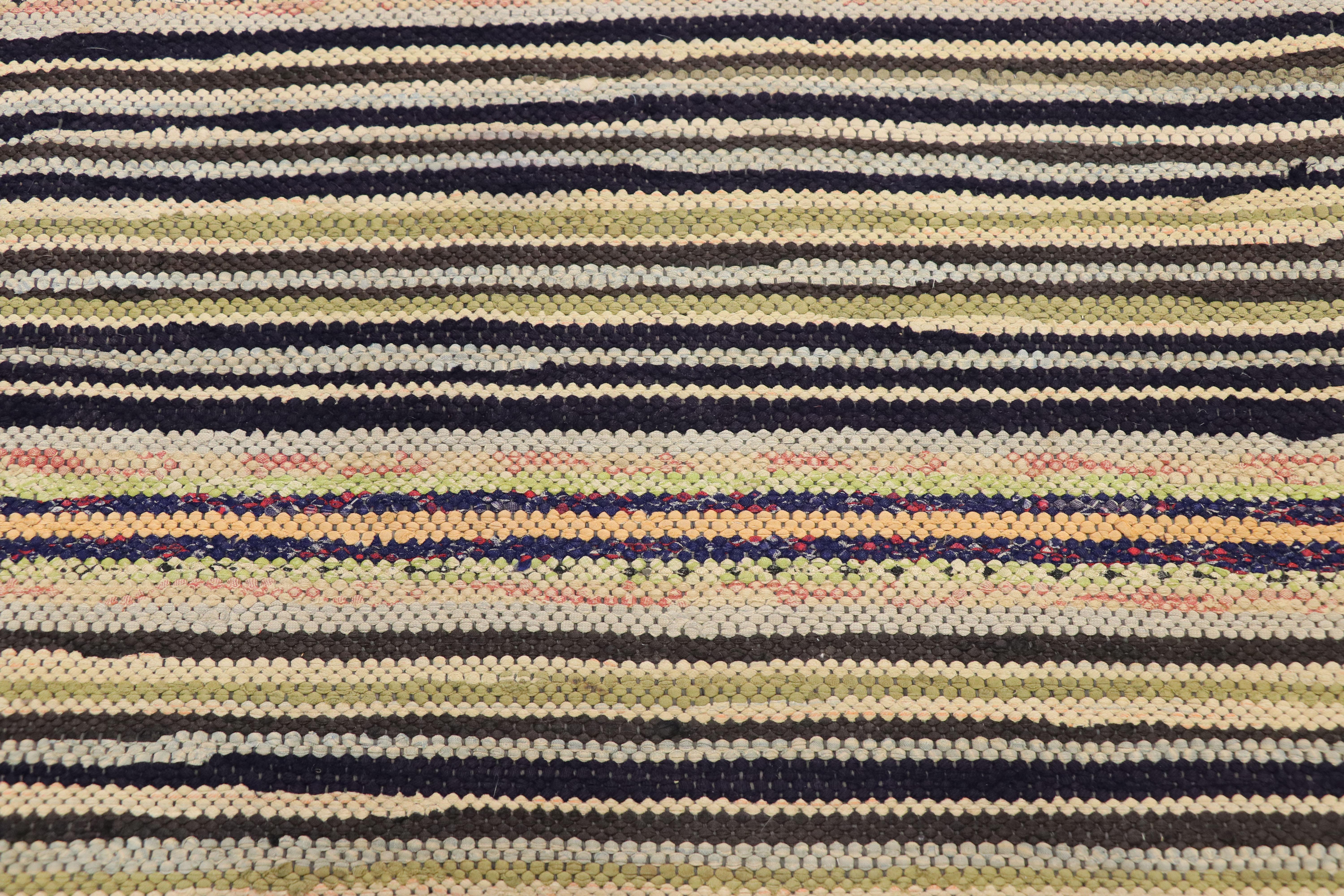 Hand-Knotted Vintage American Hooked Runner with Country Style, Narrow Hall Striped Runner For Sale