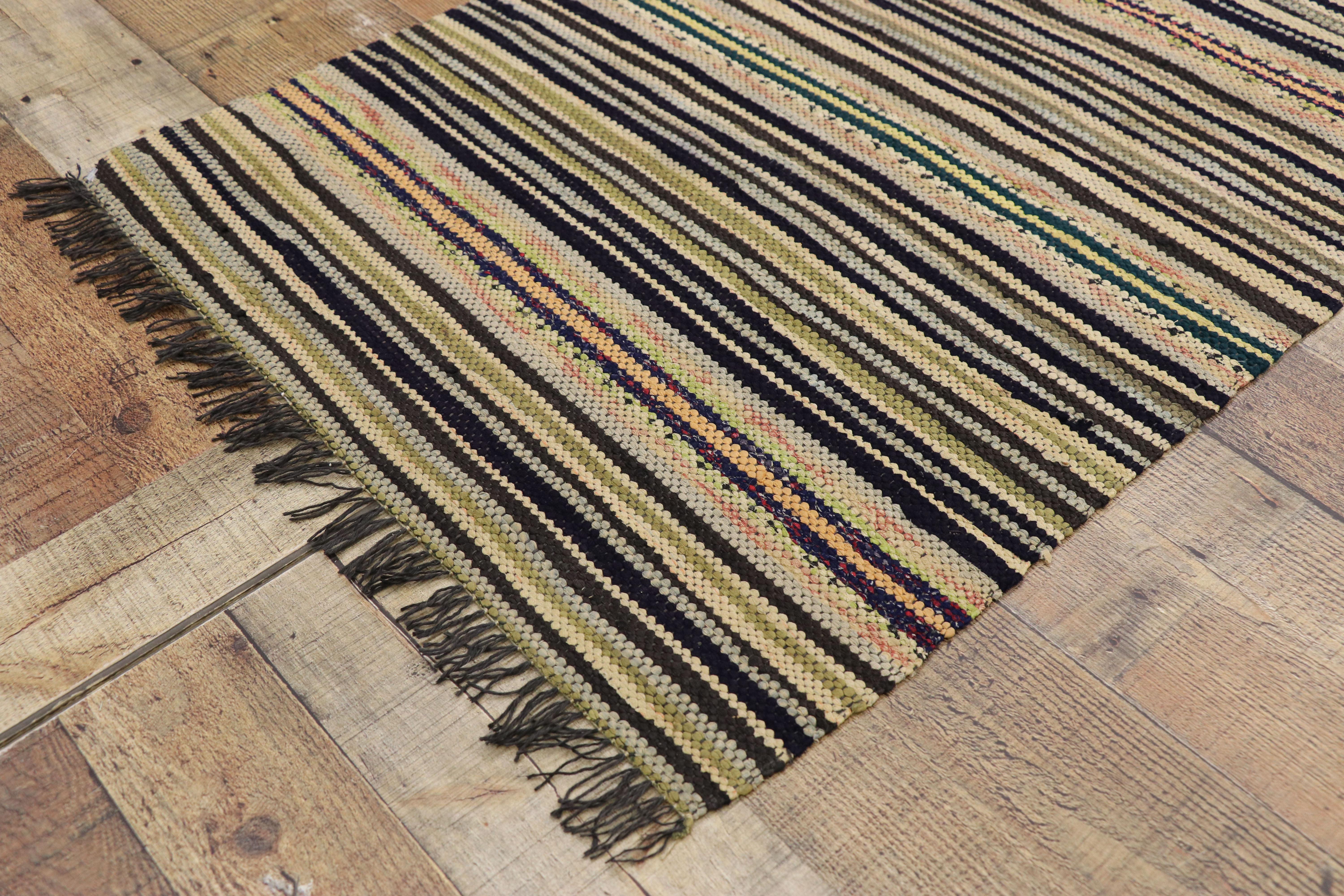 20th Century Vintage American Hooked Runner with Country Style, Narrow Hall Striped Runner For Sale
