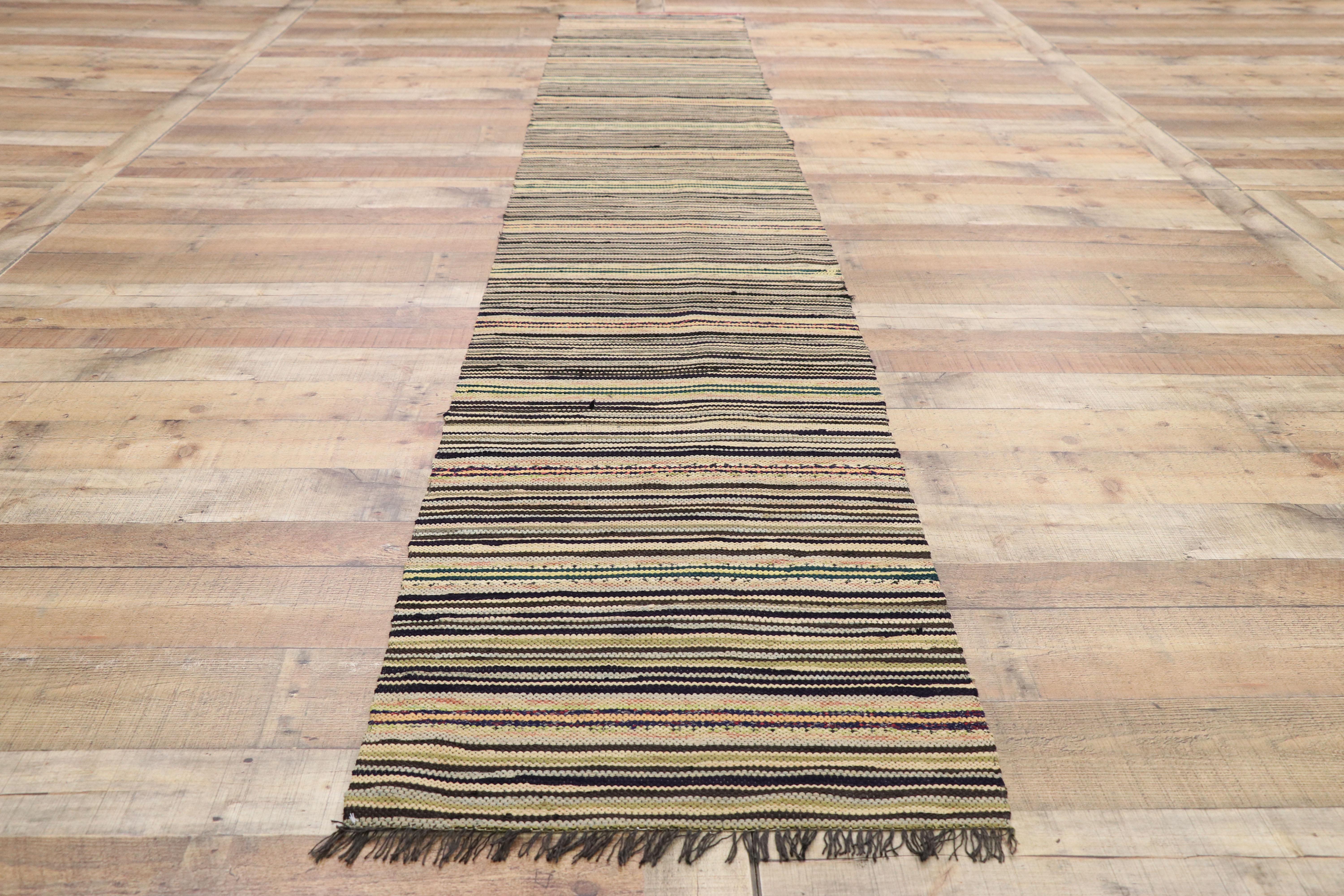 Wool Vintage American Hooked Runner with Country Style, Narrow Hall Striped Runner For Sale