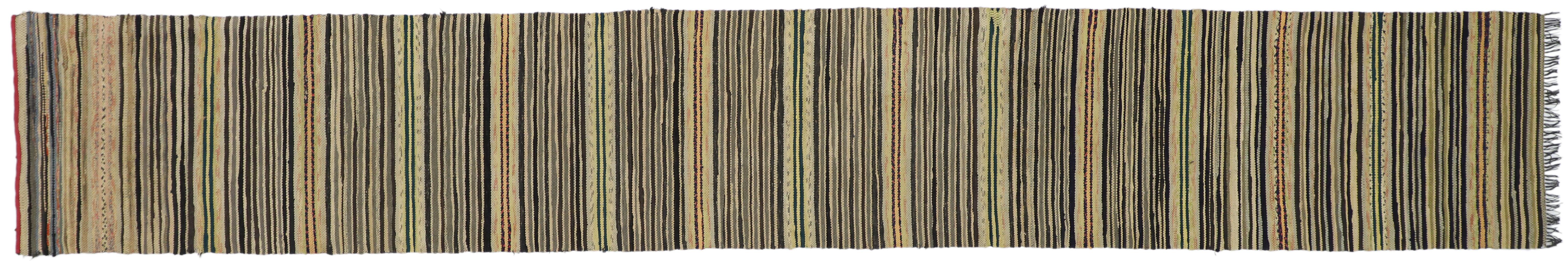 Vintage American Hooked Runner with Country Style, Narrow Hall Striped Runner For Sale 2