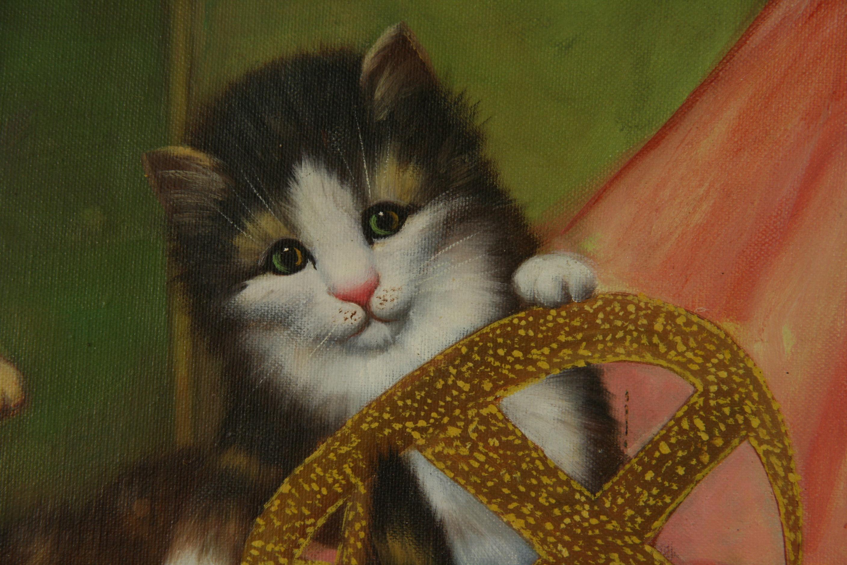 Vintage American Impressionist Litter of Kittens Oil Painting 1965  For Sale 7