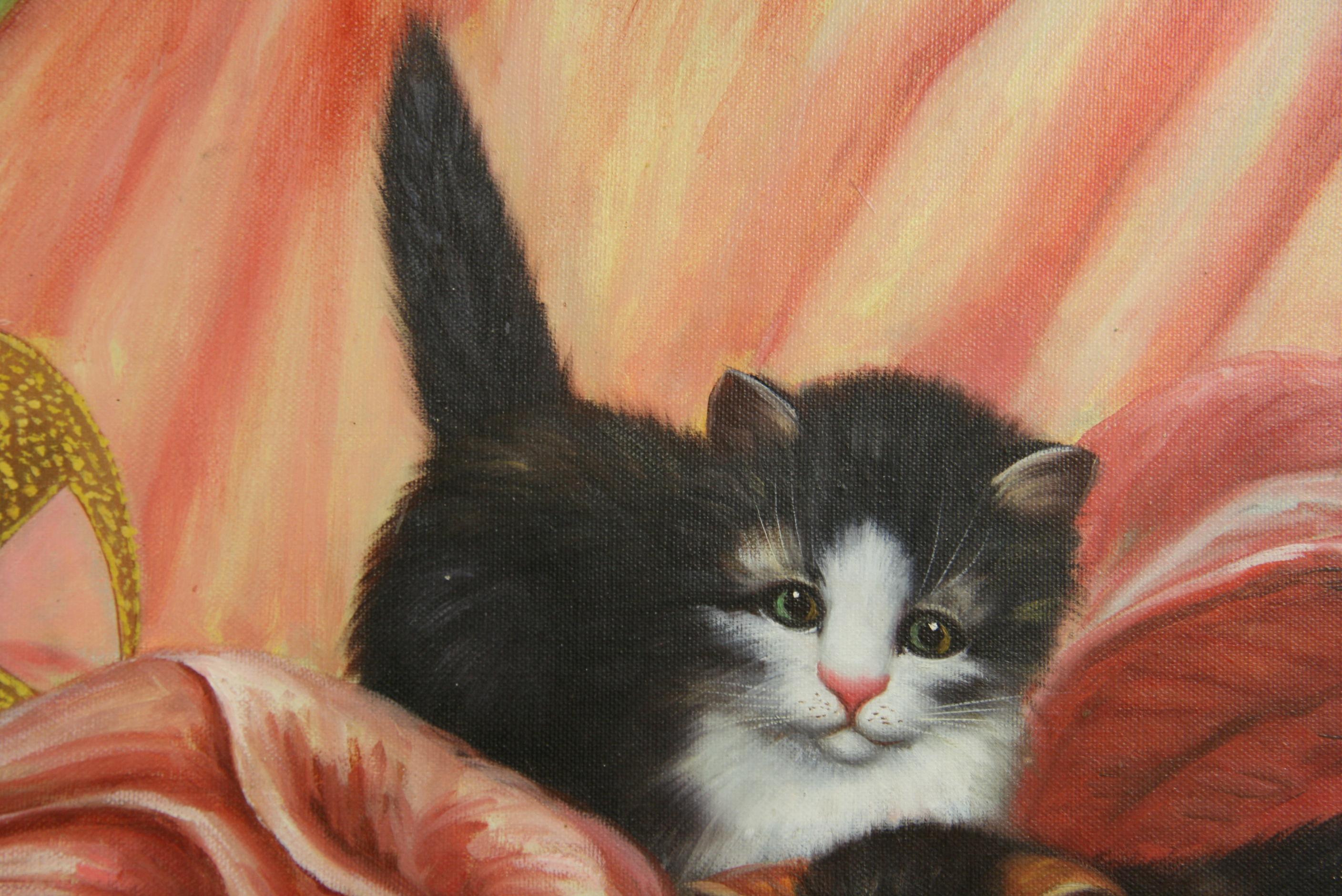 Vintage American Impressionist Litter of Kittens Oil Painting 1965  For Sale 8