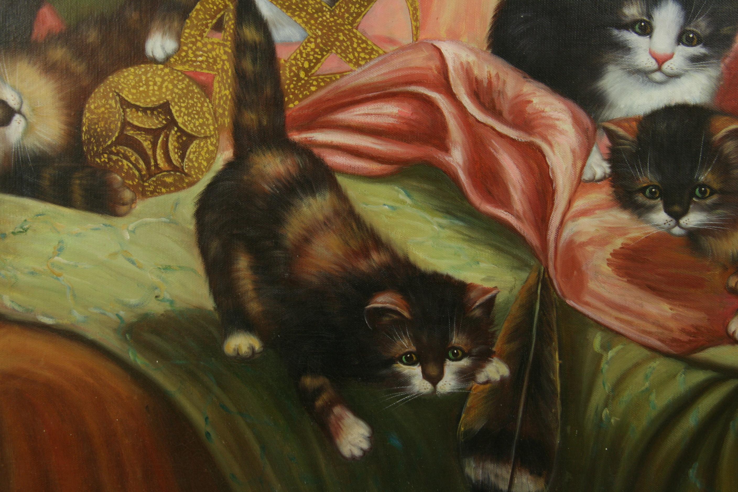 Vintage American Impressionist Litter of Kittens Oil Painting 1965  For Sale 9