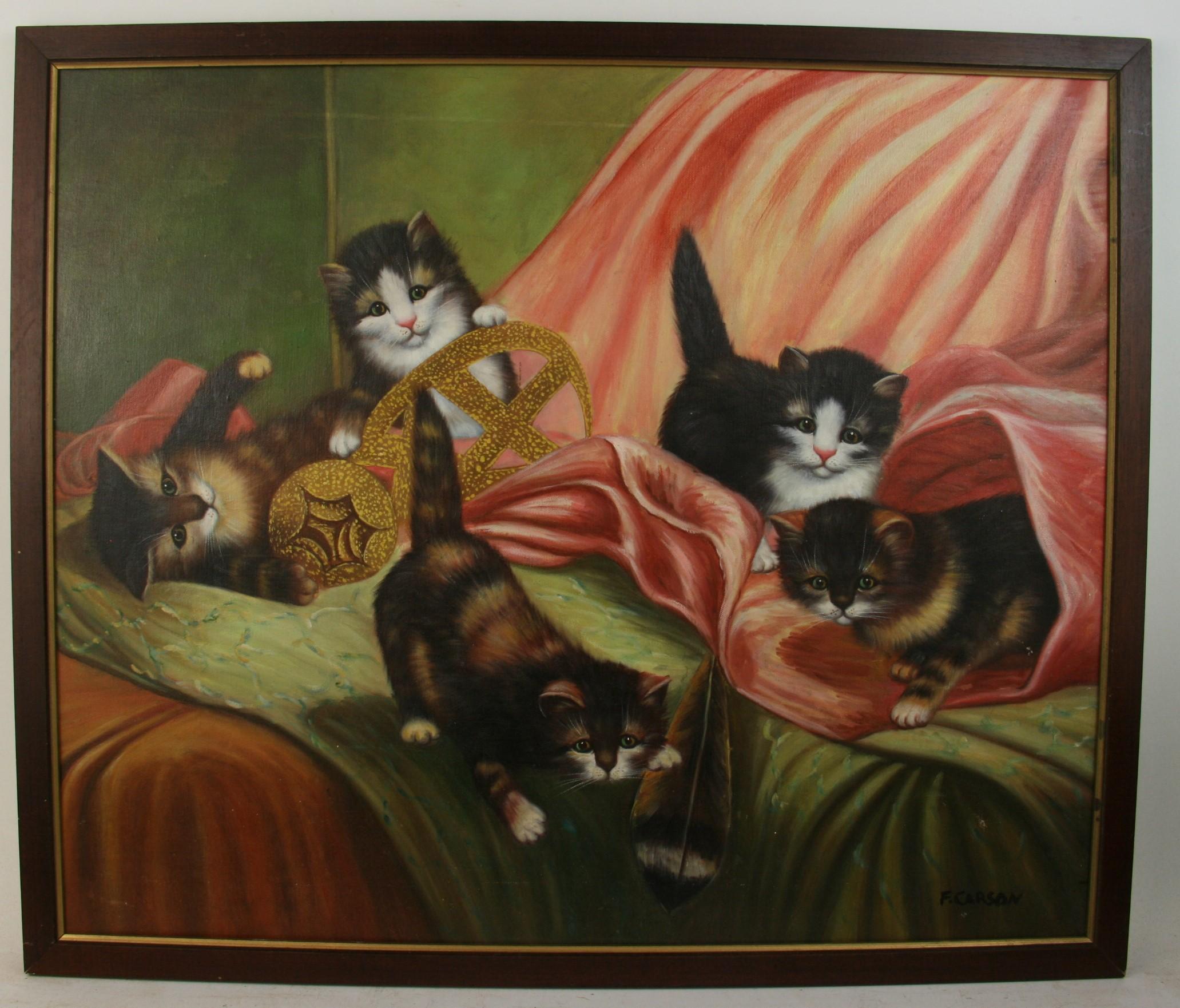 3745 Oil on canvas board of a litter of kittens frolicking on a sofa
Set in a black woof frame
Signed F. Carson