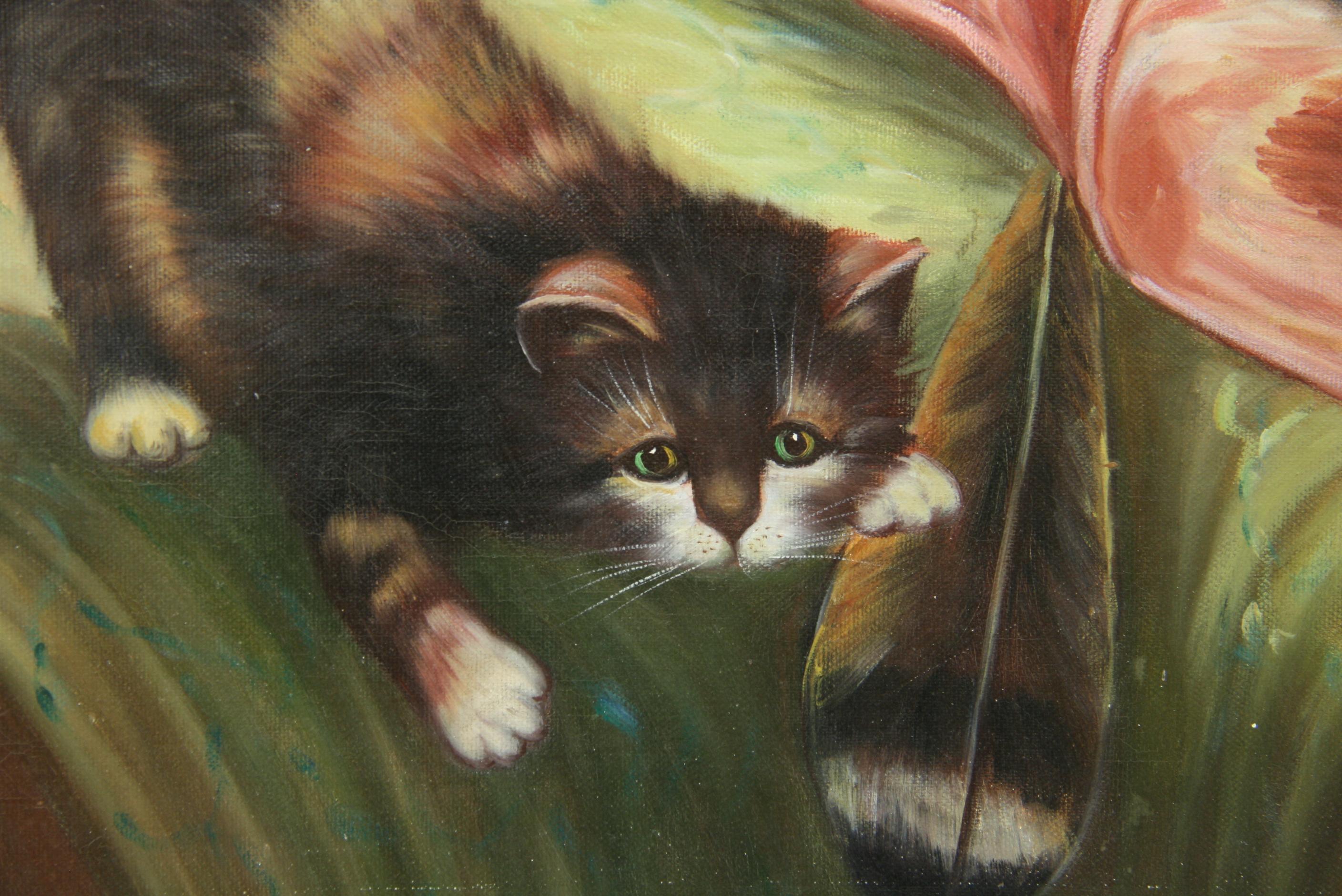 Mid-20th Century Vintage American Impressionist Litter of Kittens Oil Painting 1965  For Sale