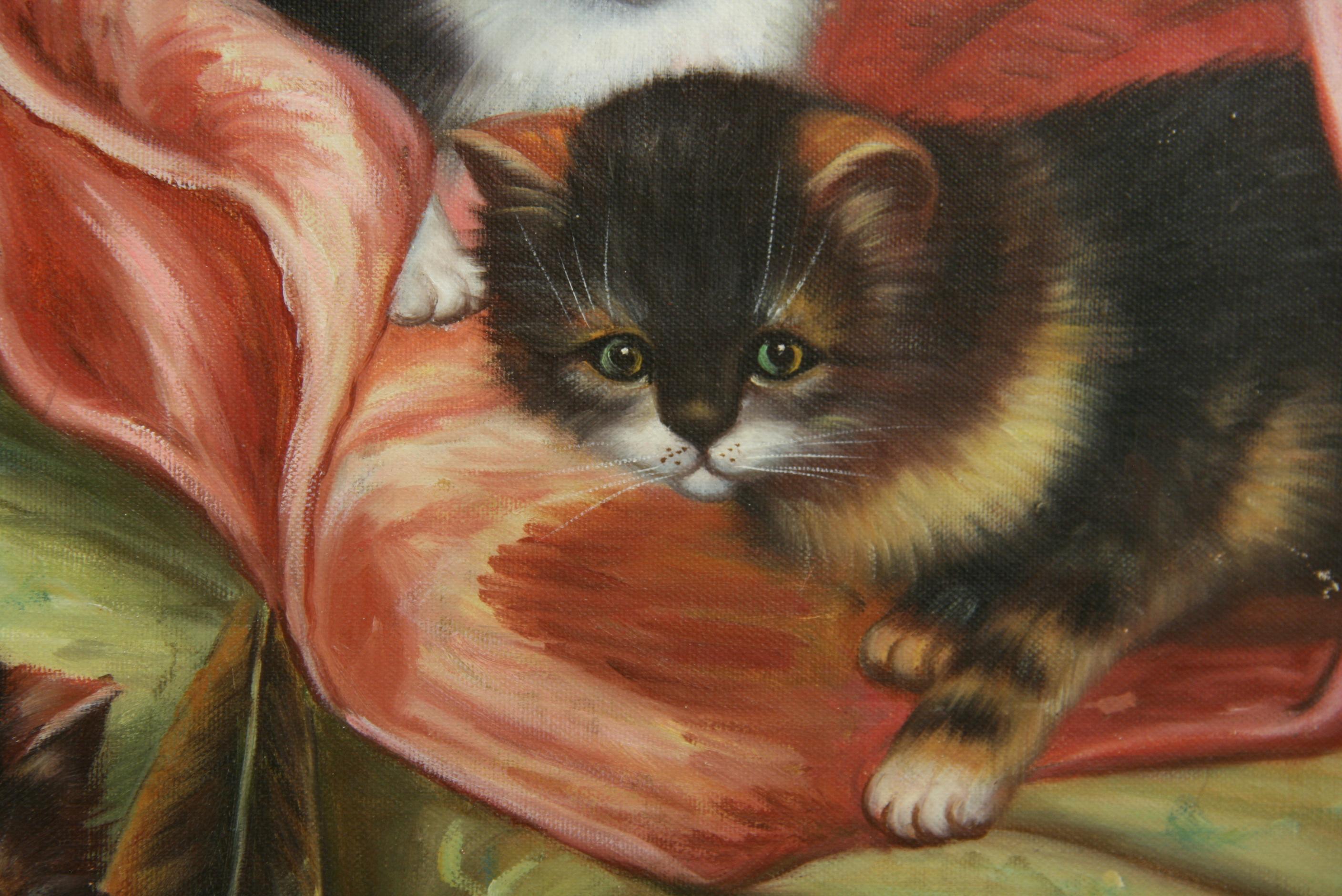 Vintage American Impressionist Litter of Kittens Oil Painting 1965  For Sale 1