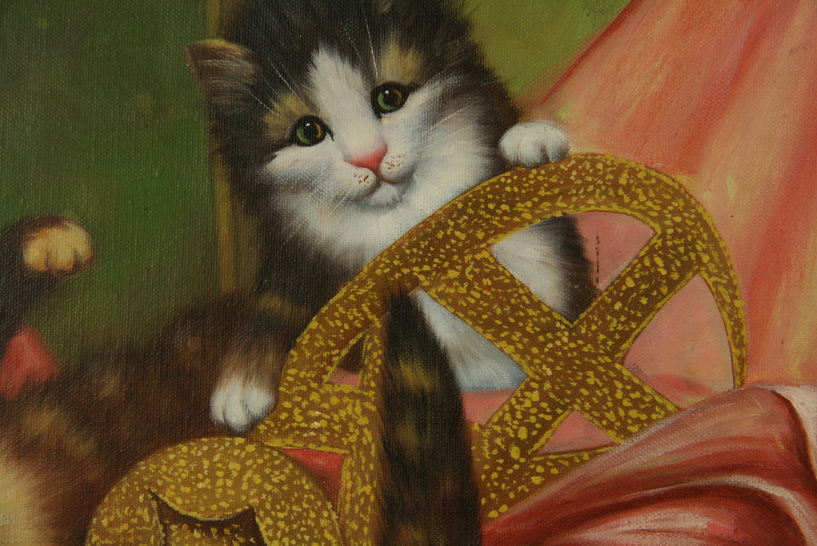 Vintage American Impressionist Litter of Kittens Oil Painting 1965  For Sale 3