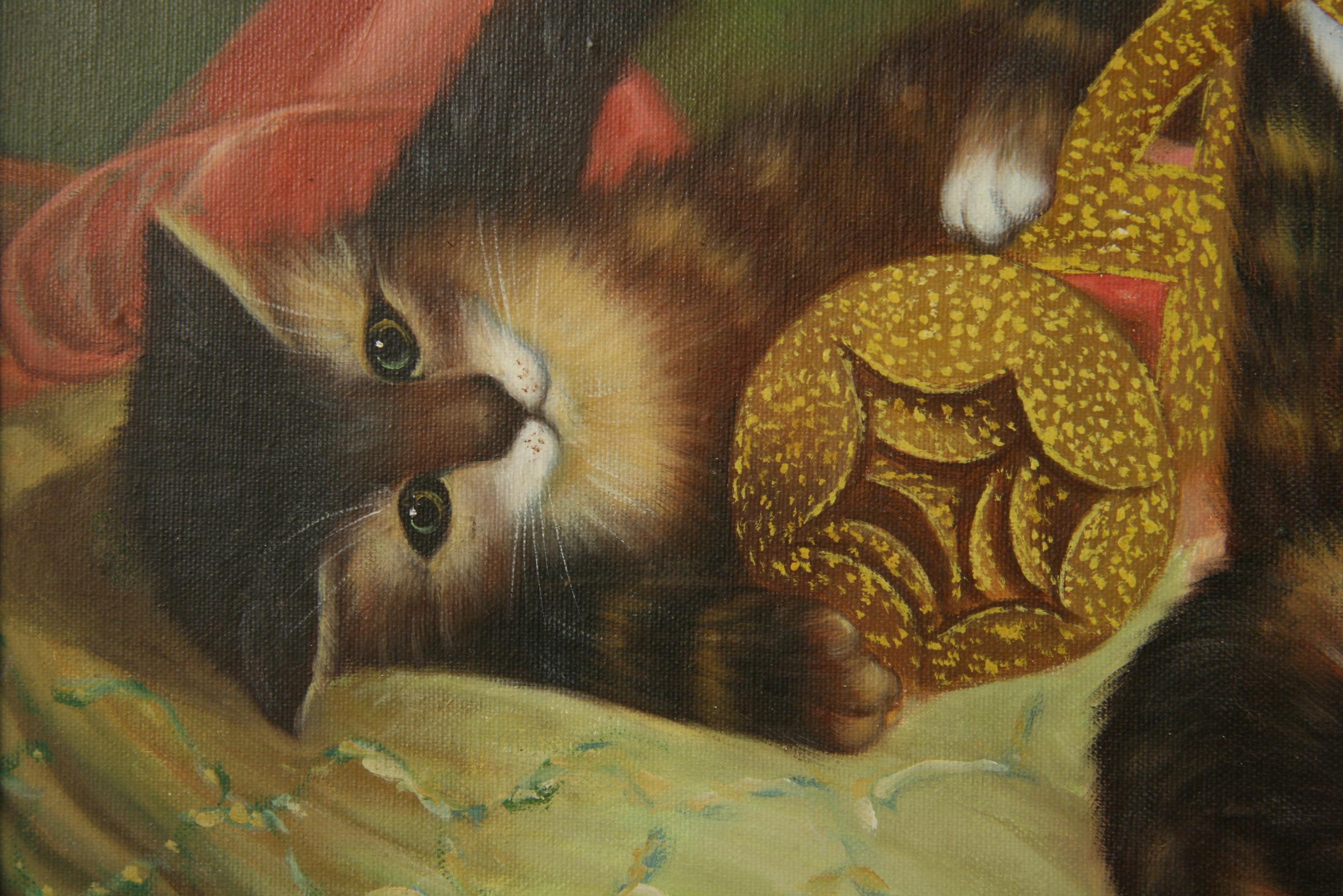 Vintage American Impressionist Litter of Kittens Oil Painting 1965  For Sale 4