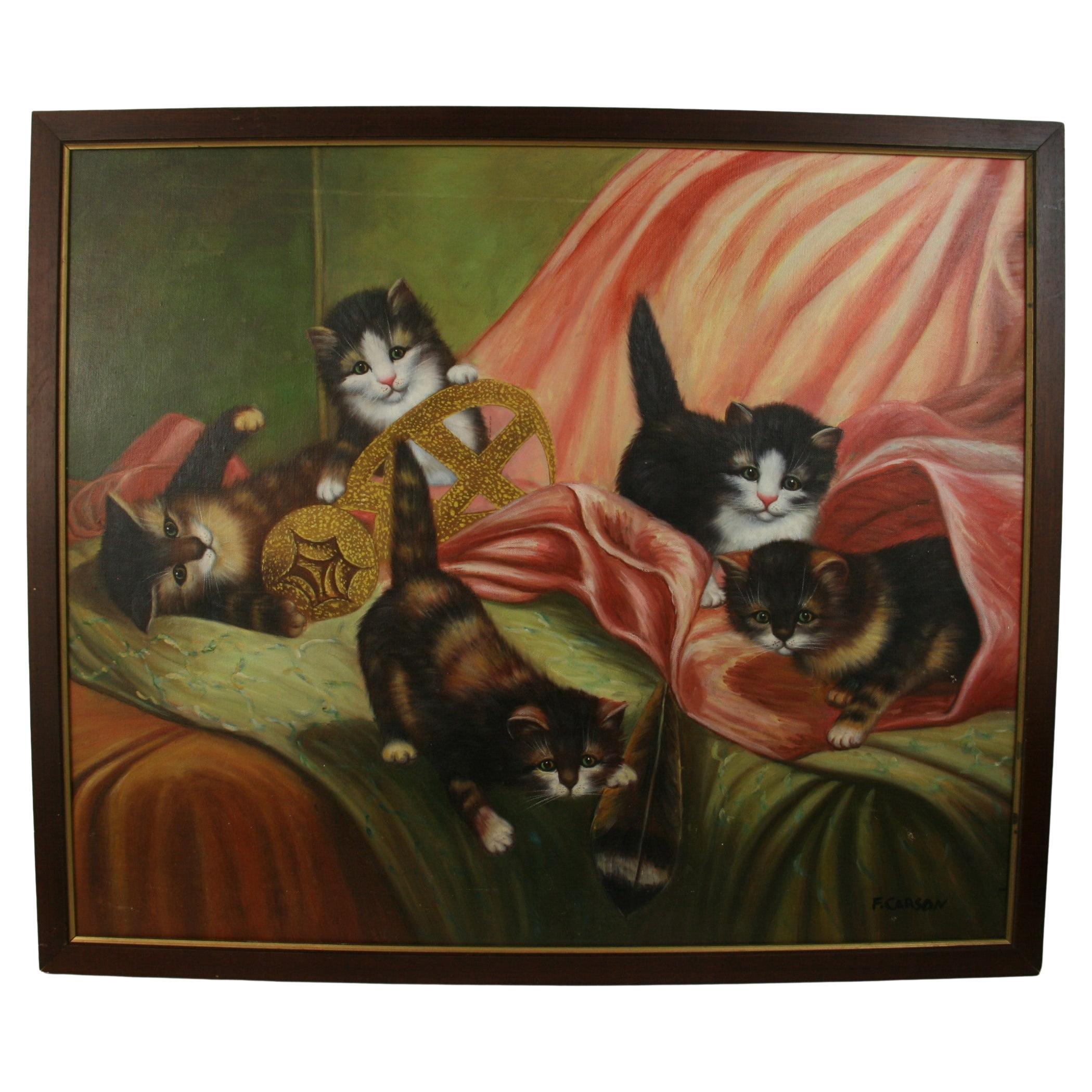 Vintage American Impressionist Litter of Kittens Oil Painting 1965  For Sale