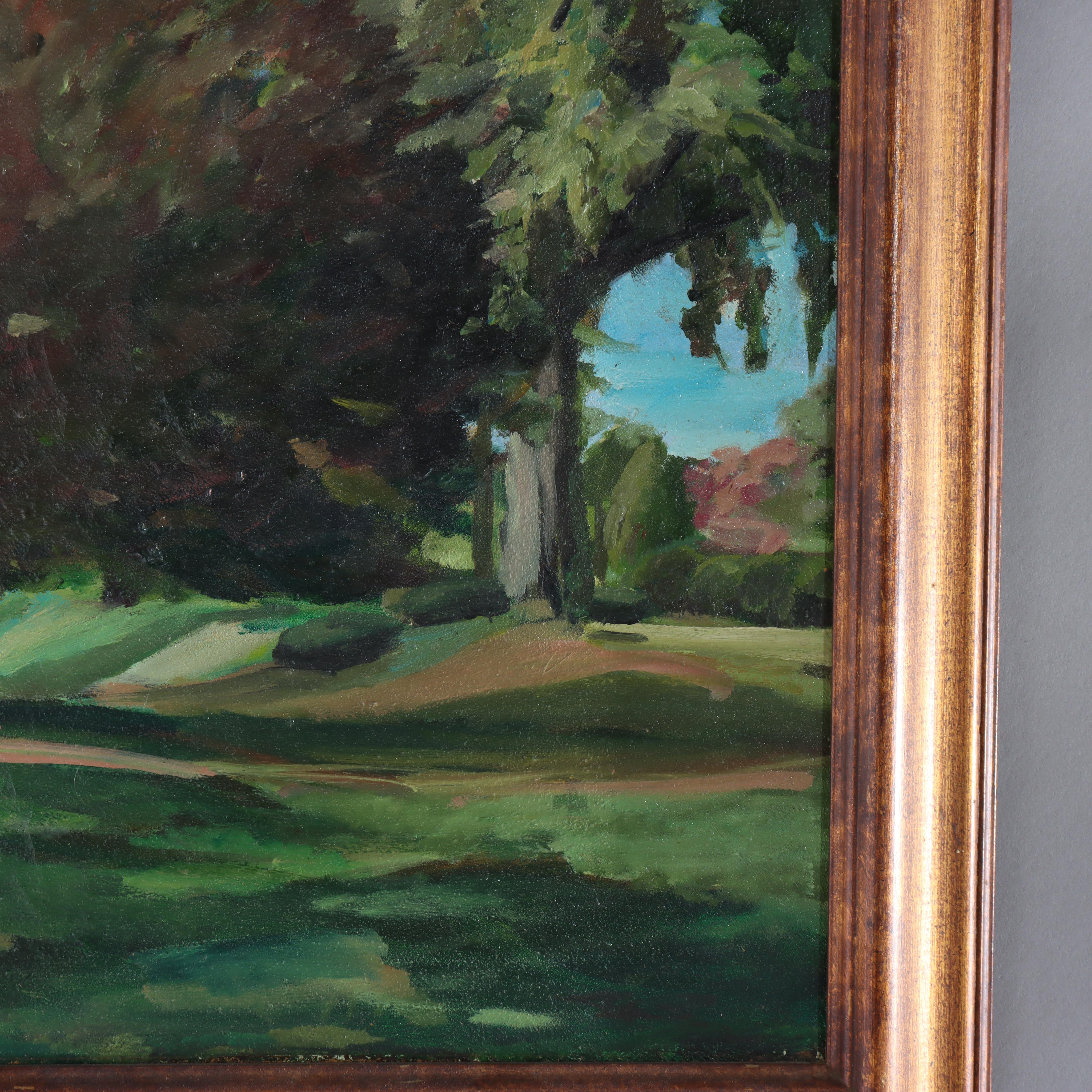 Legno Dipinto di paesaggio su tela dell'impressionismo americano d'epoca di I.L.A. DeFiore in vendita