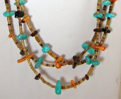 Vintage American Indian Pawn Turquoise, Coral, Onyx Stone 3-Strand Necklace