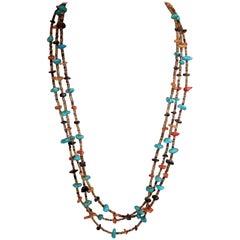 Vintage American Indian Pawn Turquoise, Coral, Onyx Stone 3-Strand Necklace