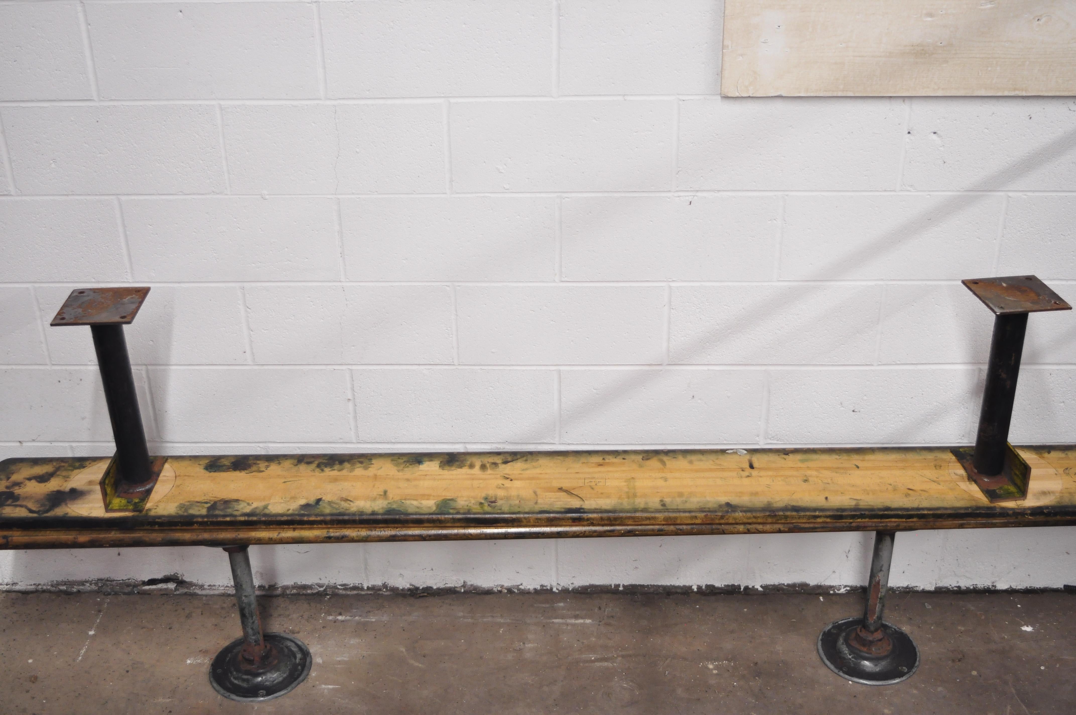 Vintage American Industrial Gym Seat School Factory Wood and Steel Bench 3