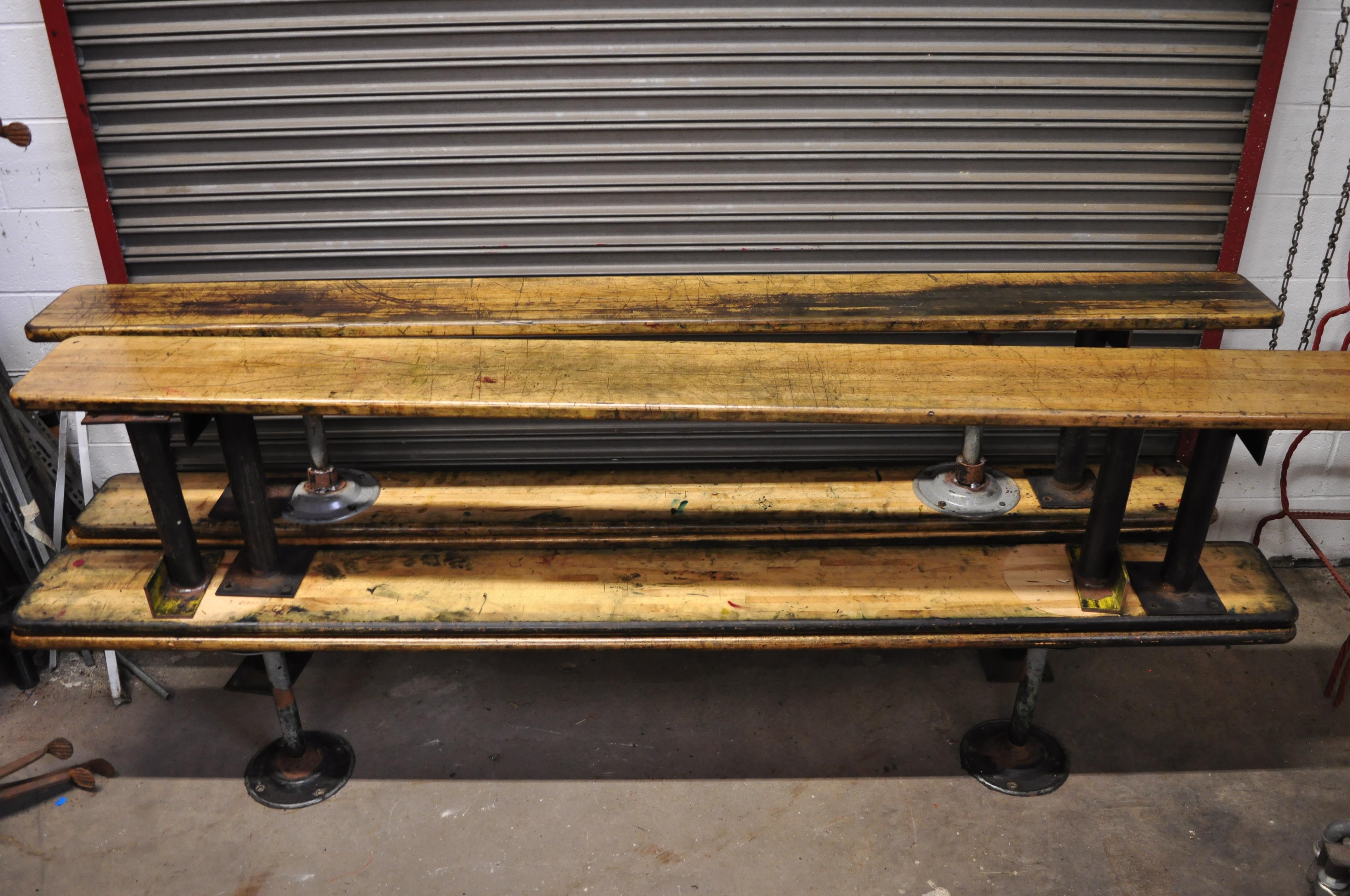 Vintage American Industrial Gym Seat School Factory Wood and Steel Bench 4