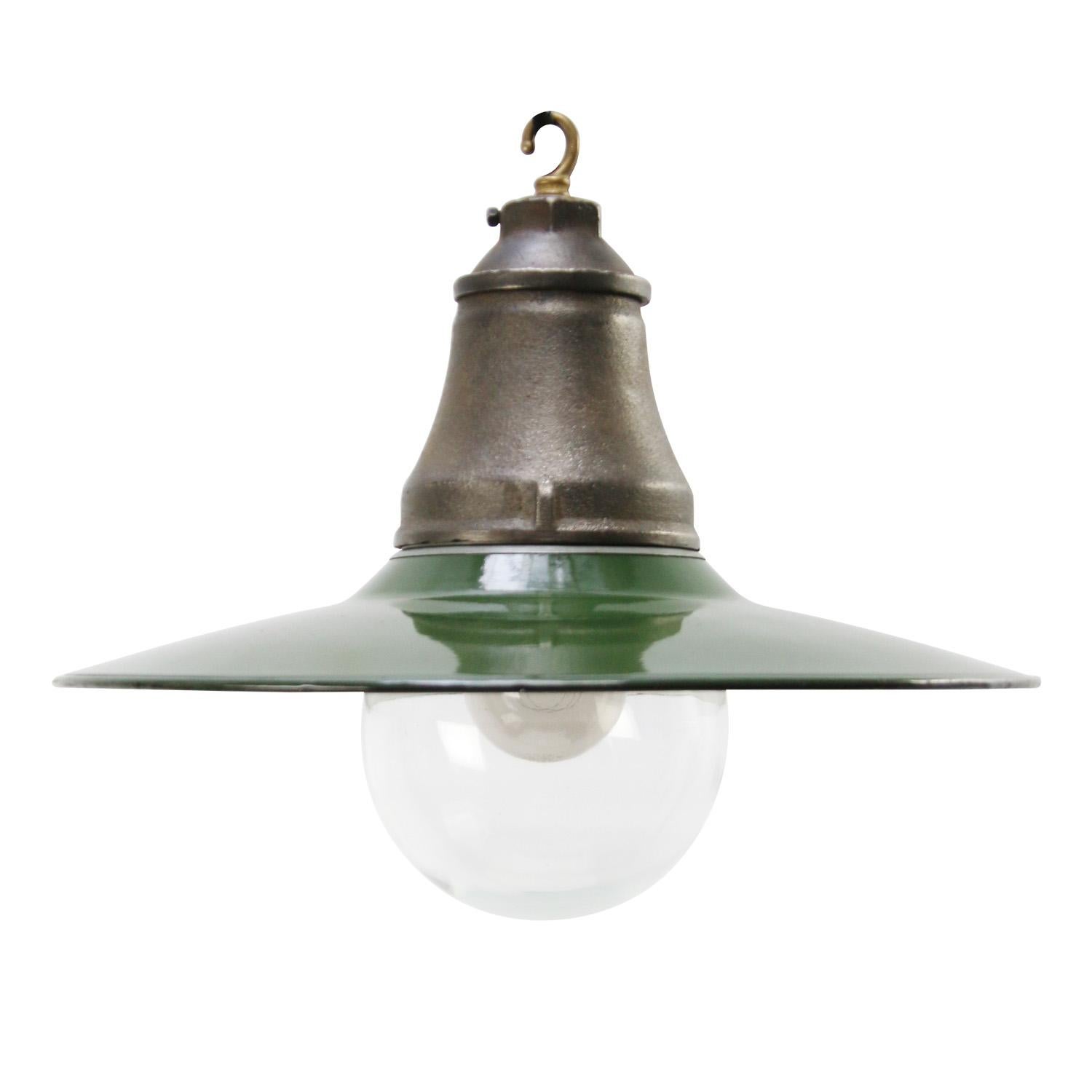 20th Century Vintage American Industrial Green Enamel Clear Glass Factory Pendant Lights