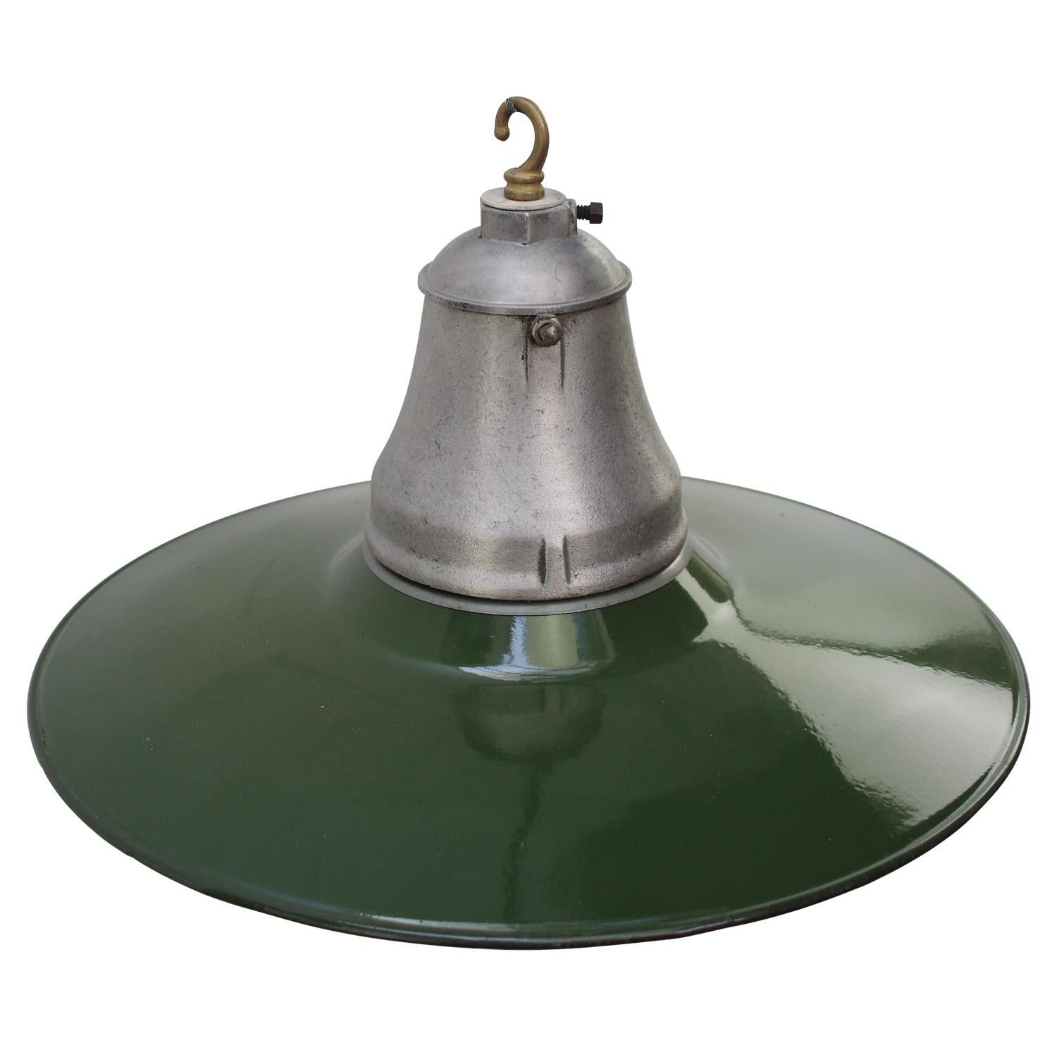 Cast Vintage American Industrial Green Enamel Clear Glass Factory Pendant Lights For Sale