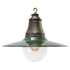 Vintage American Industrial Green Enamel Clear Glass Factory Pendant Lights