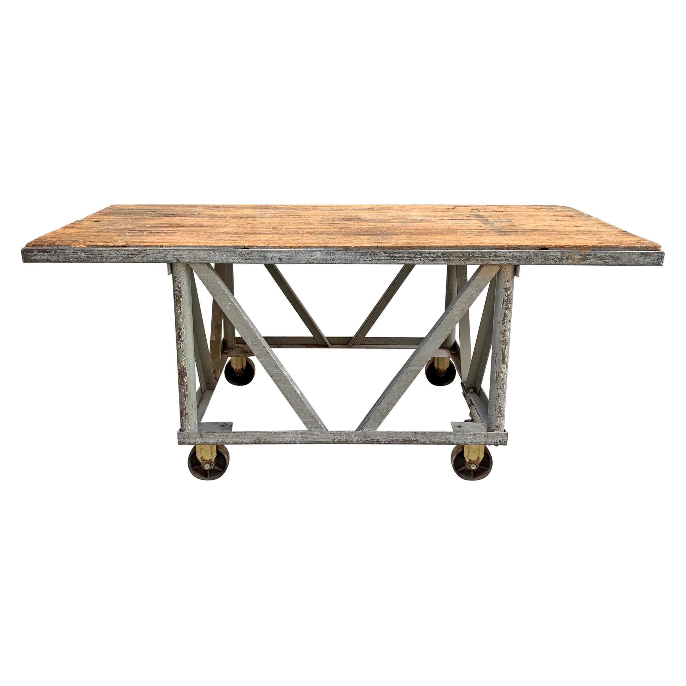 Vintage American Industrial Kitchen Island with Wood Top