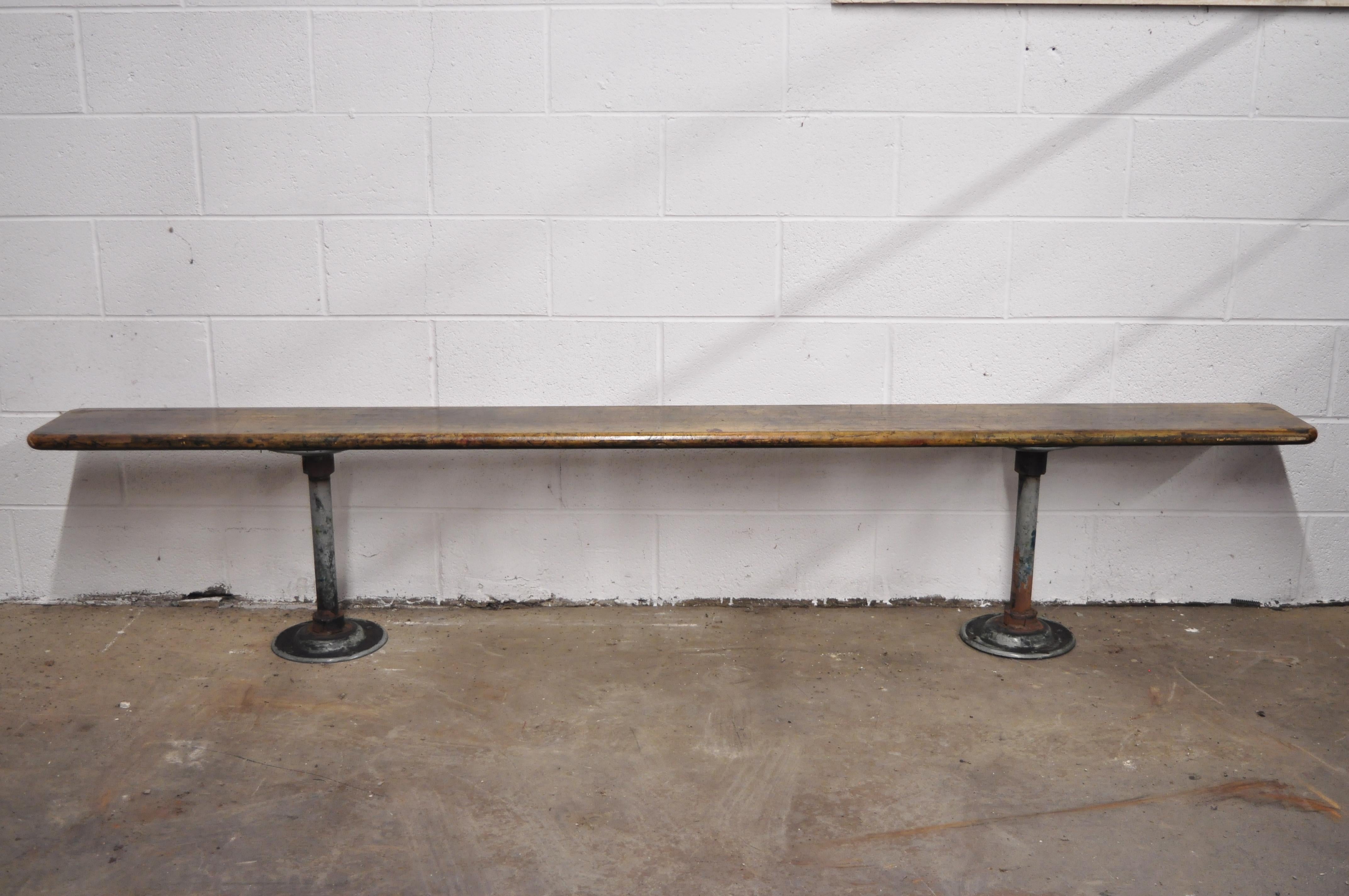 Vintage American Industrial Long Gym Seat Butcher Block Wood and Steel Bench 5