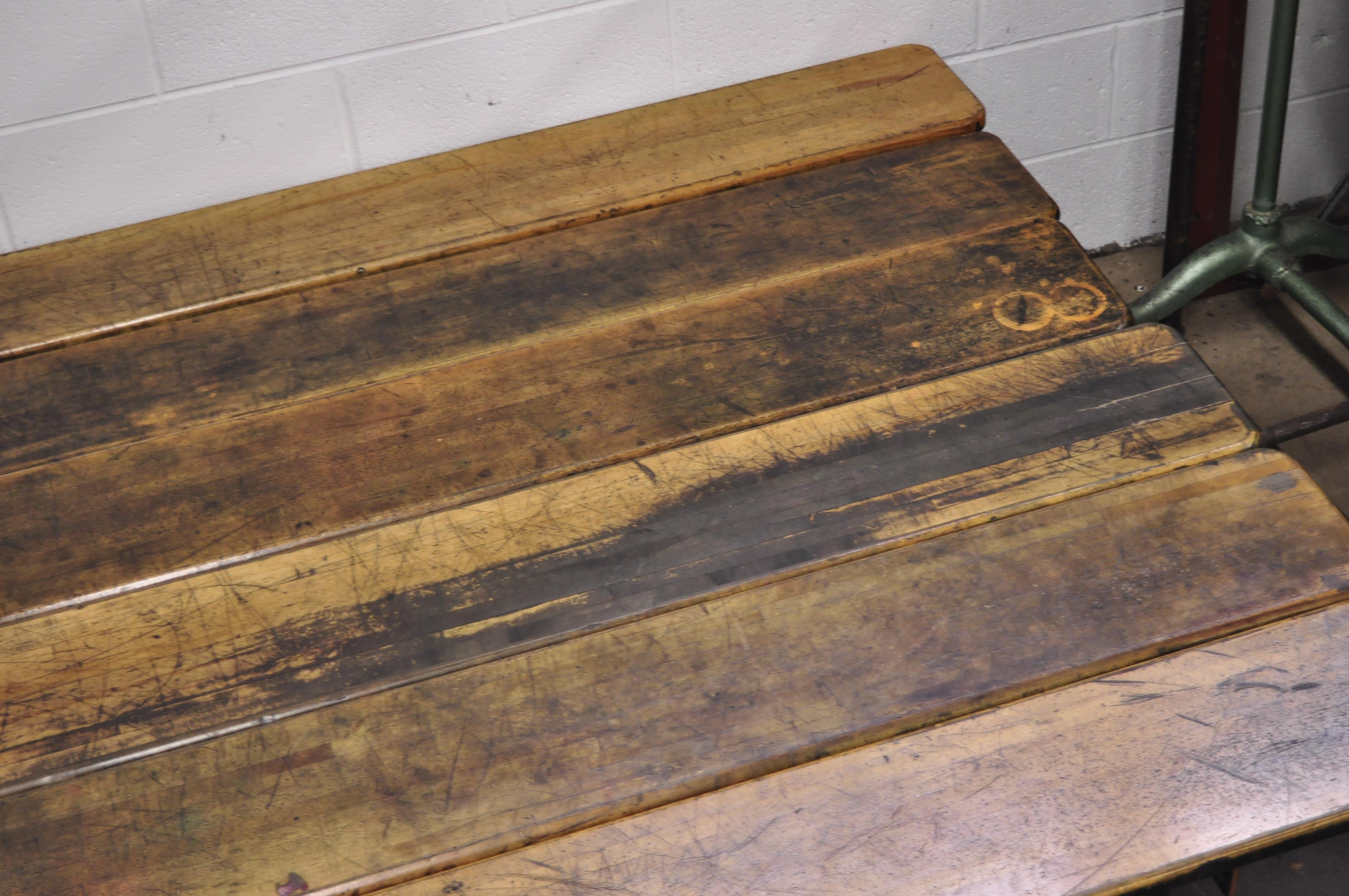 Vintage American Industrial Long Gym Seat Butcher Block Wood and Steel Bench In Good Condition In Philadelphia, PA