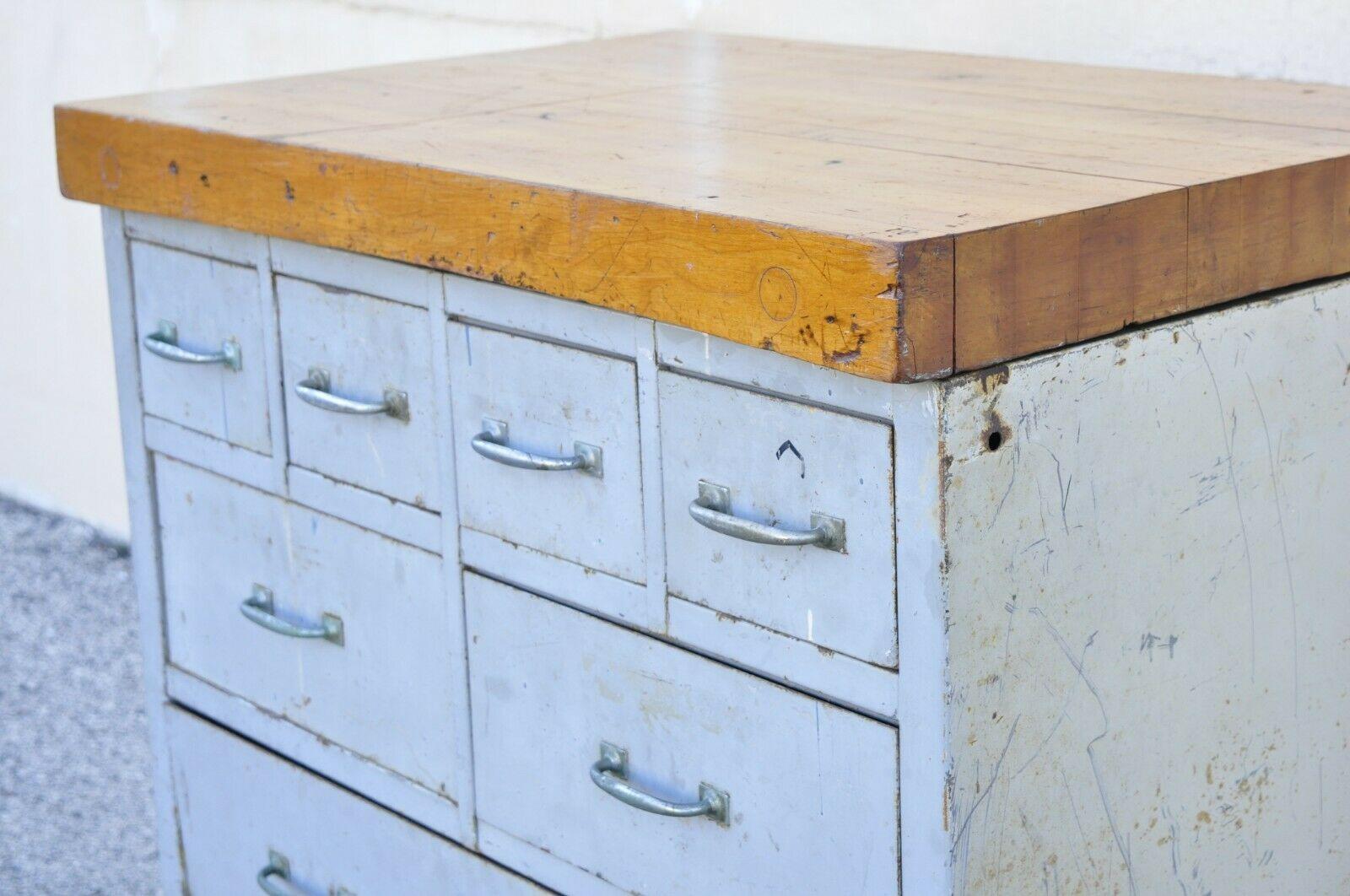 20th Century Vintage American Industrial Steel 8 Drawer Work Station Table Island Tool Chest