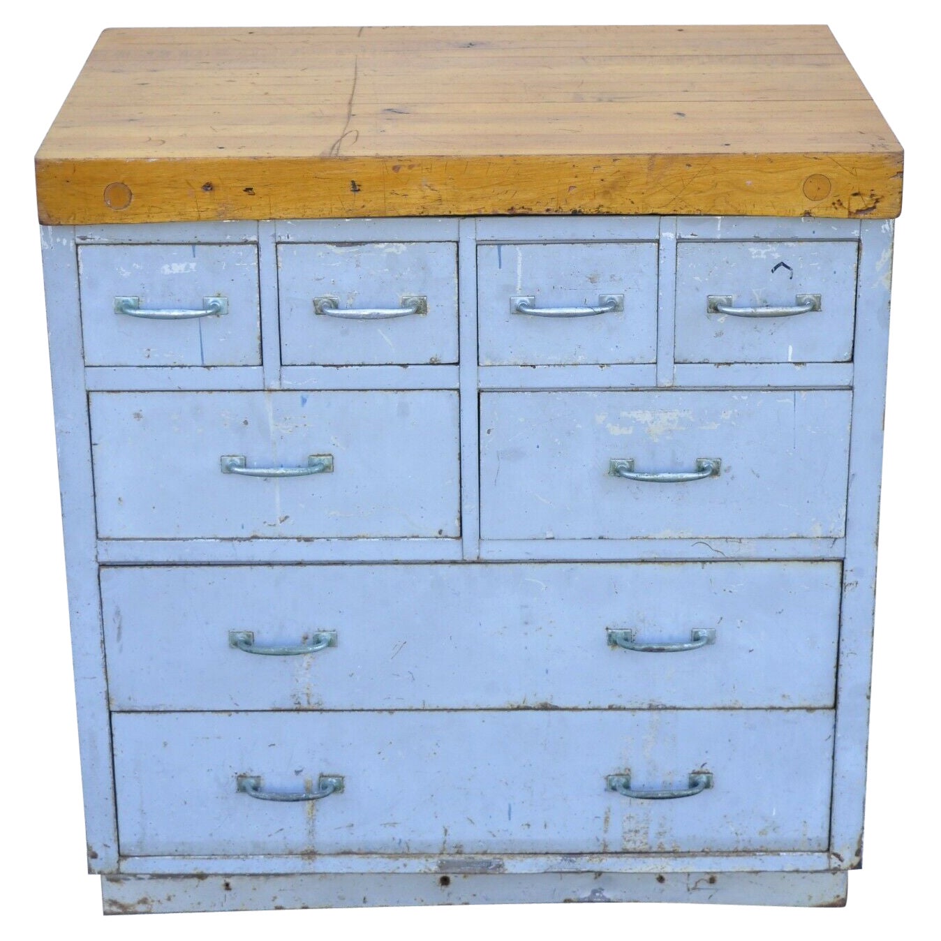 Vintage American Industrial Steel 8 Drawer Work Station Table Island Tool Chest