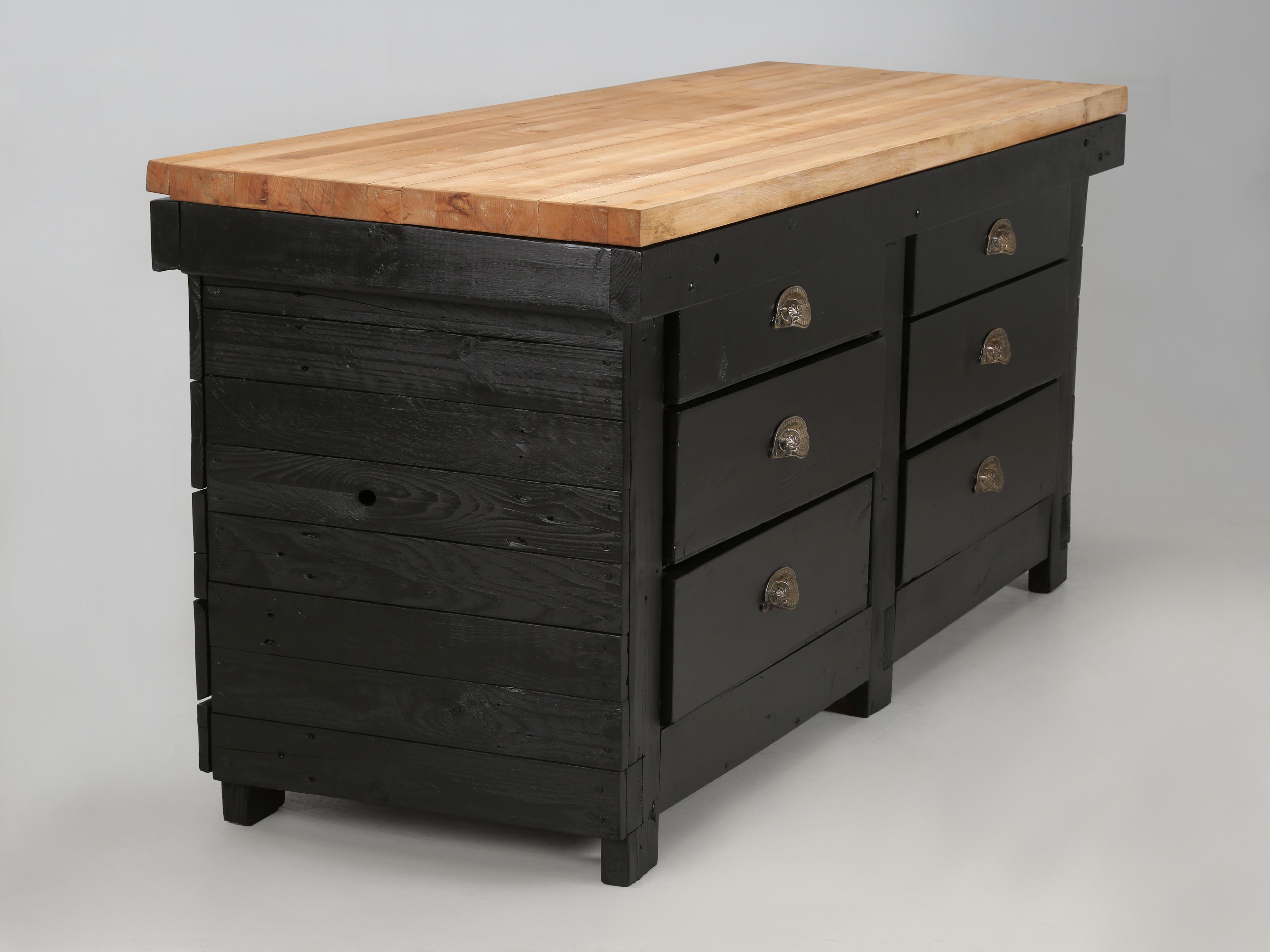 Vintage American Industrial Work Table, Repurposed Butcher Block Kitchen Island In Good Condition For Sale In Chicago, IL
