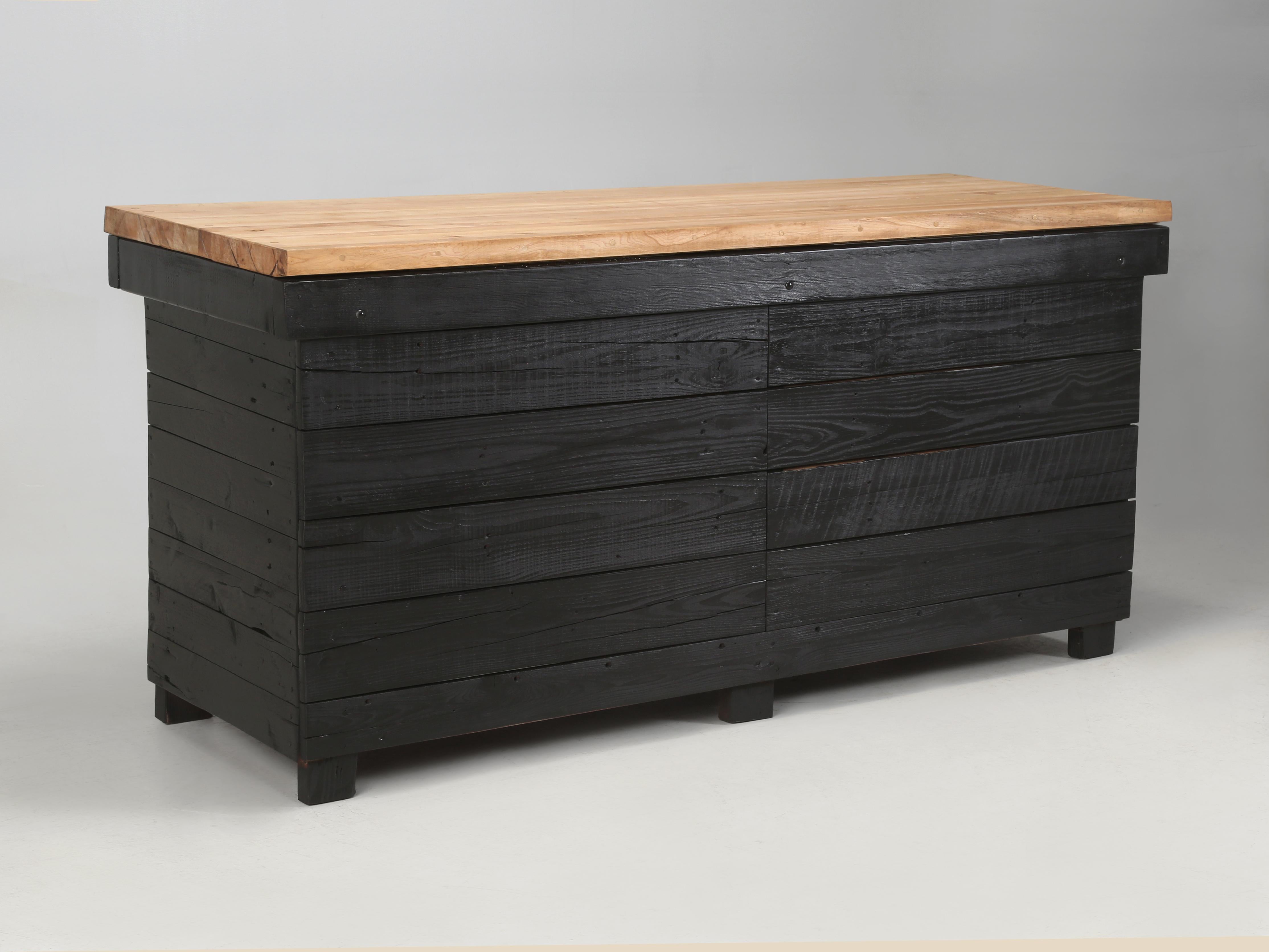 Wood Vintage American Industrial Work Table, Repurposed Butcher Block Kitchen Island For Sale