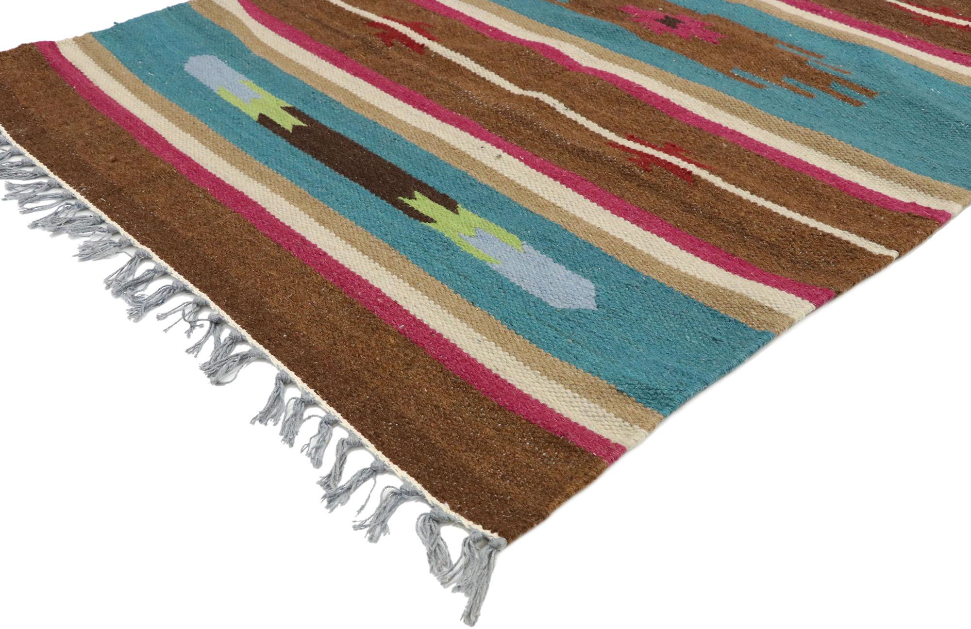 77485, vintage American Kilim rug with Modern Mexican style. With its bold expressive design, incredible detail and texture, this handwoven wool vintage American Kilim rug is a captivating vision of woven beauty highlighting exuberant colors