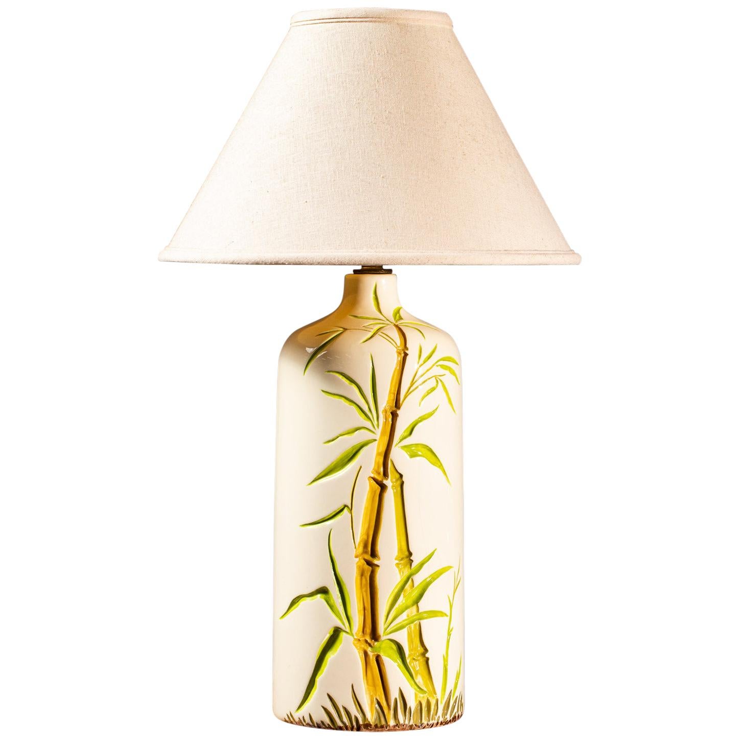 Vintage American Large Ceramic Hand Painted Bamboo Lamp, circa 1960 For Sale