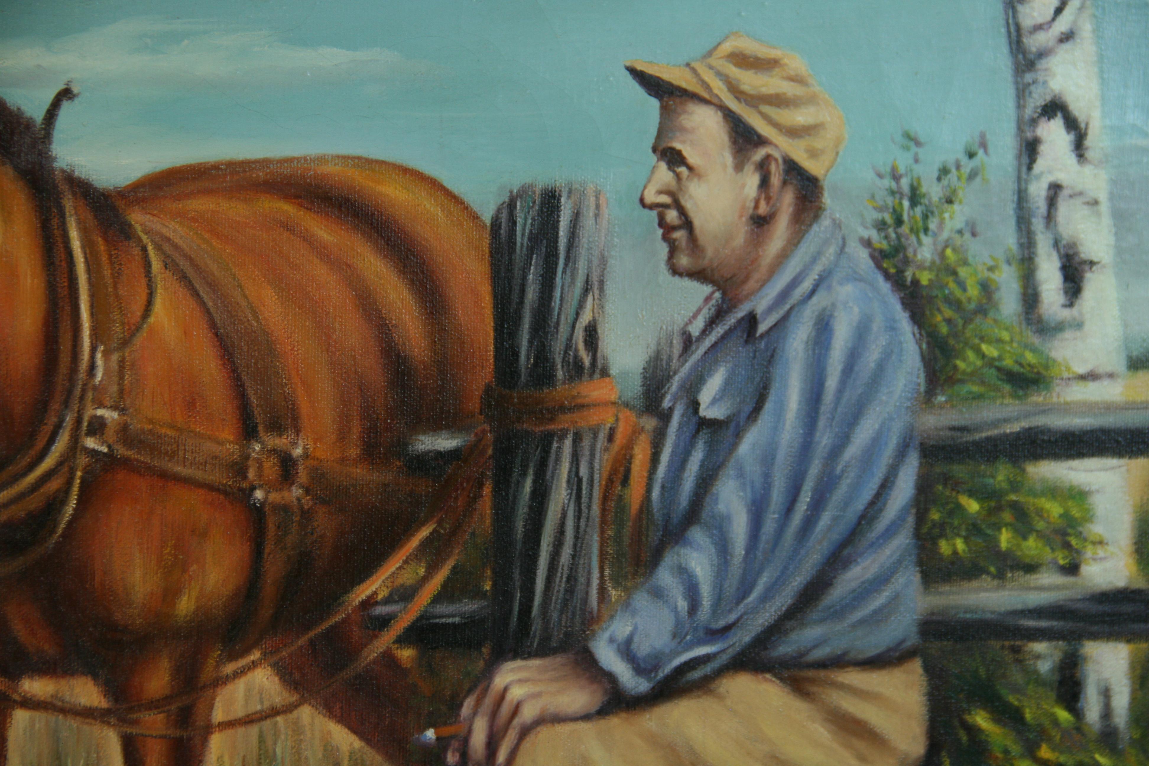 Amerikanisches großes Vintage-Ölgemälde, große Landschaft, Vintage, Ölgemälde, „Farmer mit seinen Pferden und Hund“ im Angebot 6