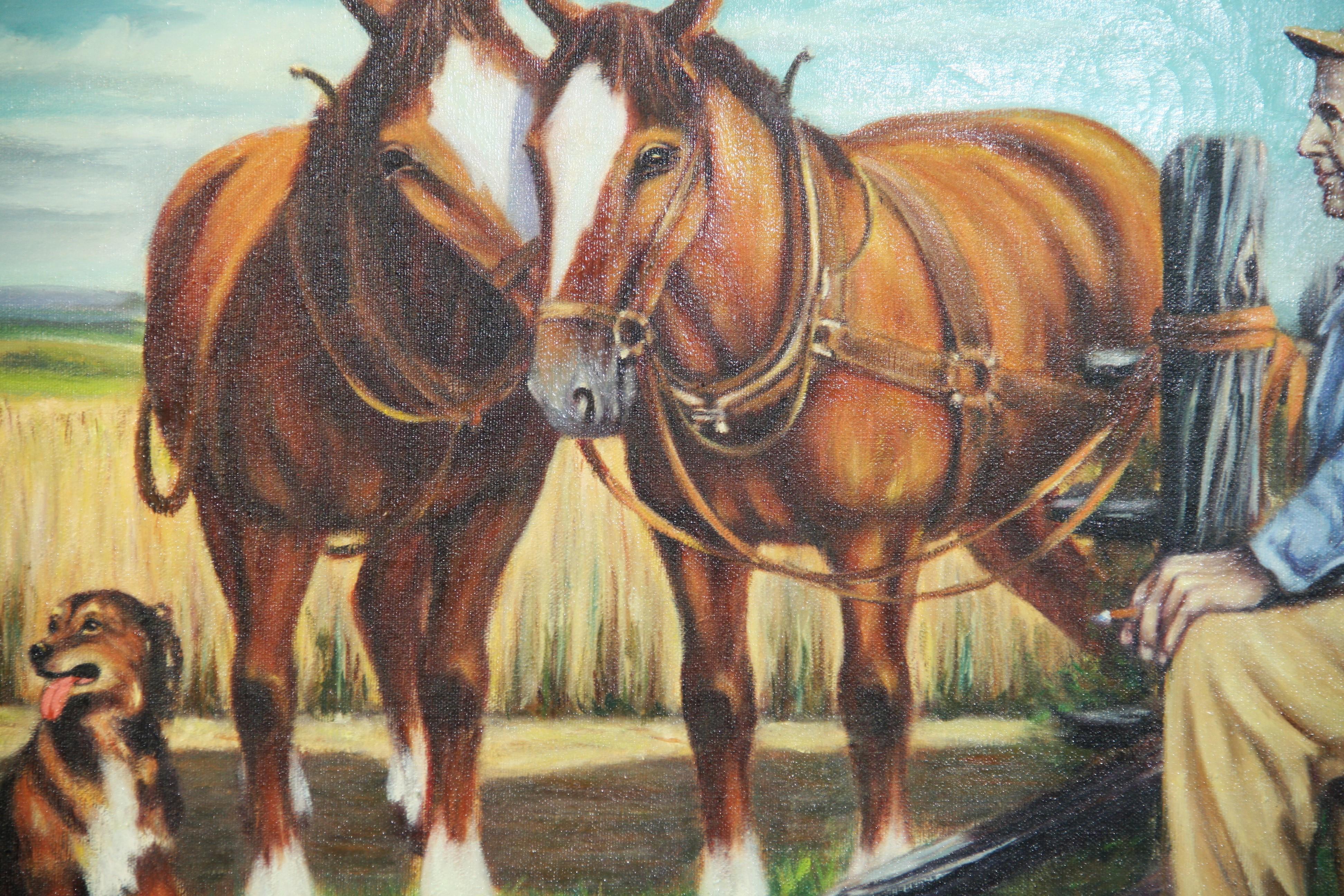 Amerikanisches großes Vintage-Ölgemälde, große Landschaft, Vintage, Ölgemälde, „Farmer mit seinen Pferden und Hund“ im Zustand „Gut“ im Angebot in Douglas Manor, NY