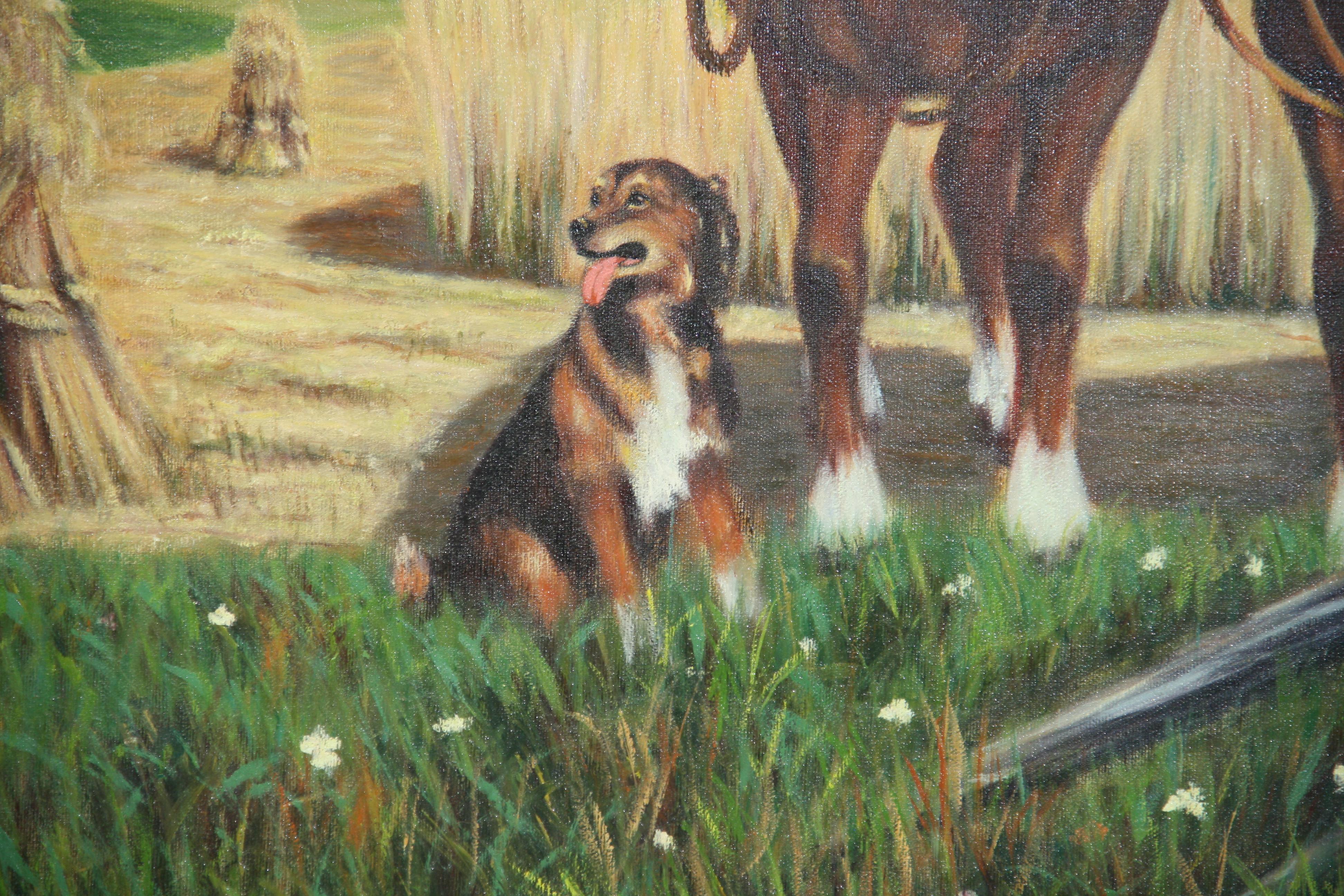 Amerikanisches großes Vintage-Ölgemälde, große Landschaft, Vintage, Ölgemälde, „Farmer mit seinen Pferden und Hund“ (Mitte des 20. Jahrhunderts) im Angebot