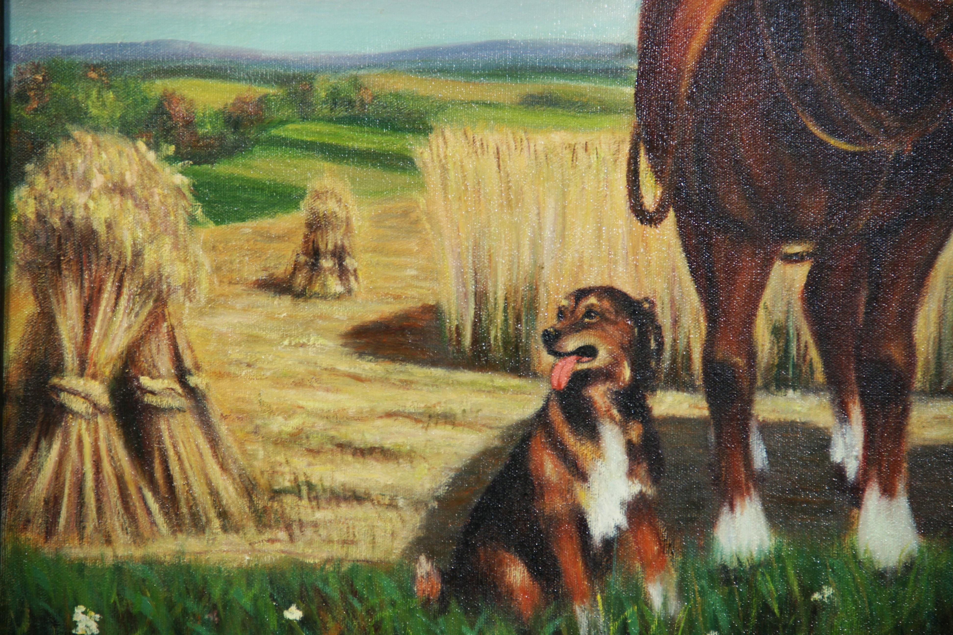 Amerikanisches großes Vintage-Ölgemälde, große Landschaft, Vintage, Ölgemälde, „Farmer mit seinen Pferden und Hund“ (Hartholz) im Angebot