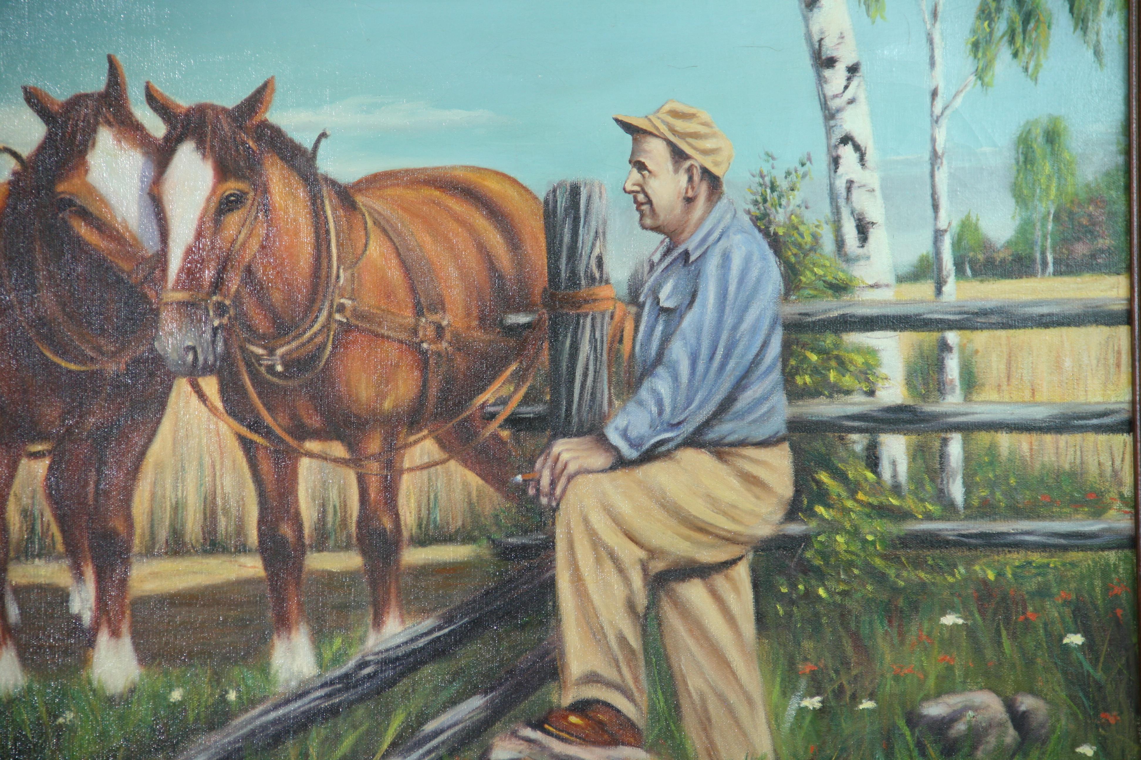 Amerikanisches großes Vintage-Ölgemälde, große Landschaft, Vintage, Ölgemälde, „Farmer mit seinen Pferden und Hund“ im Angebot 1