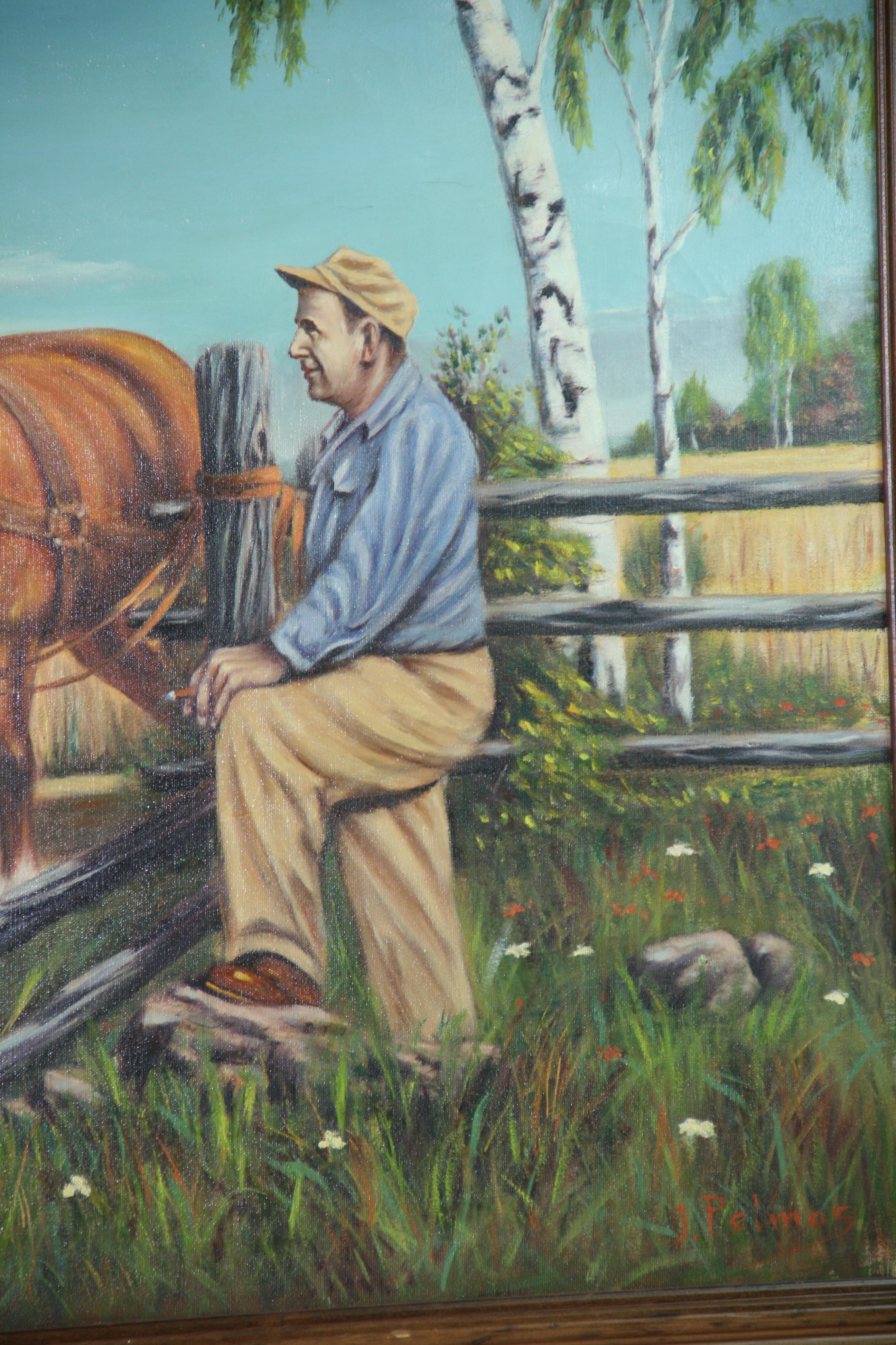 Amerikanisches großes Vintage-Ölgemälde, große Landschaft, Vintage, Ölgemälde, „Farmer mit seinen Pferden und Hund“ im Angebot 2