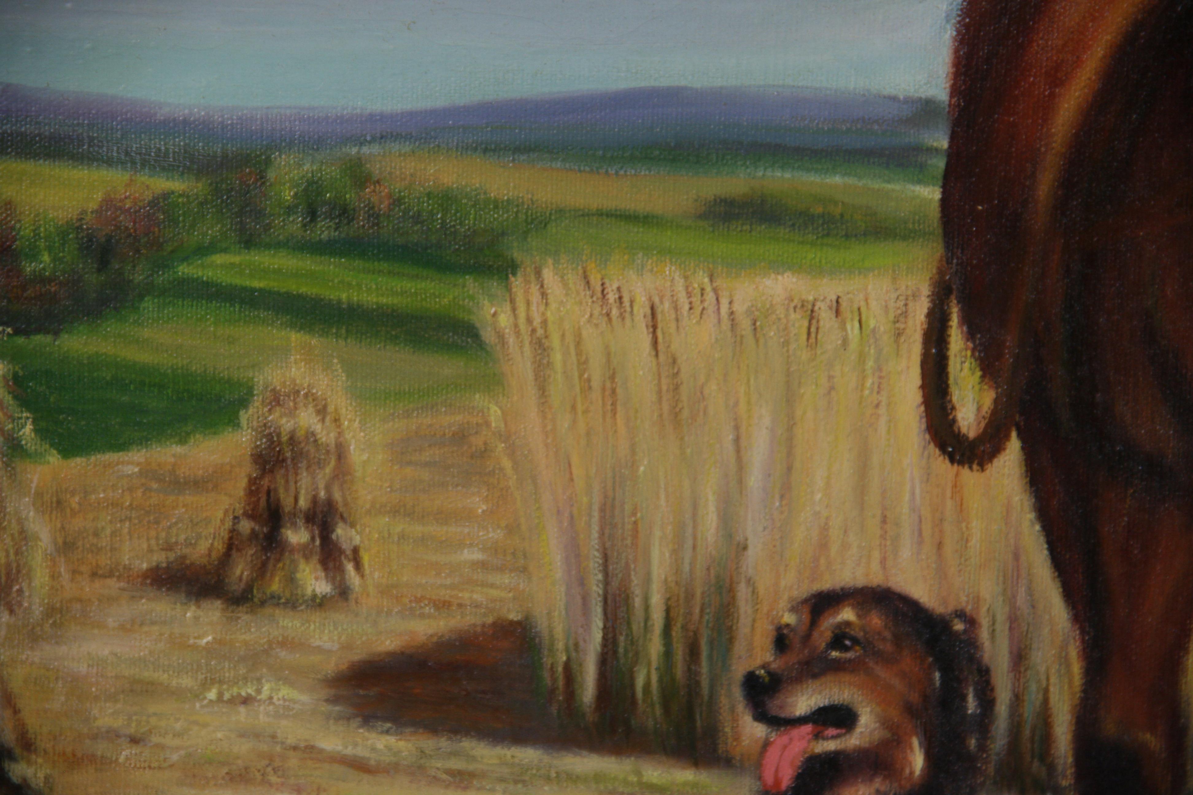 Amerikanisches großes Vintage-Ölgemälde, große Landschaft, Vintage, Ölgemälde, „Farmer mit seinen Pferden und Hund“ im Angebot 4