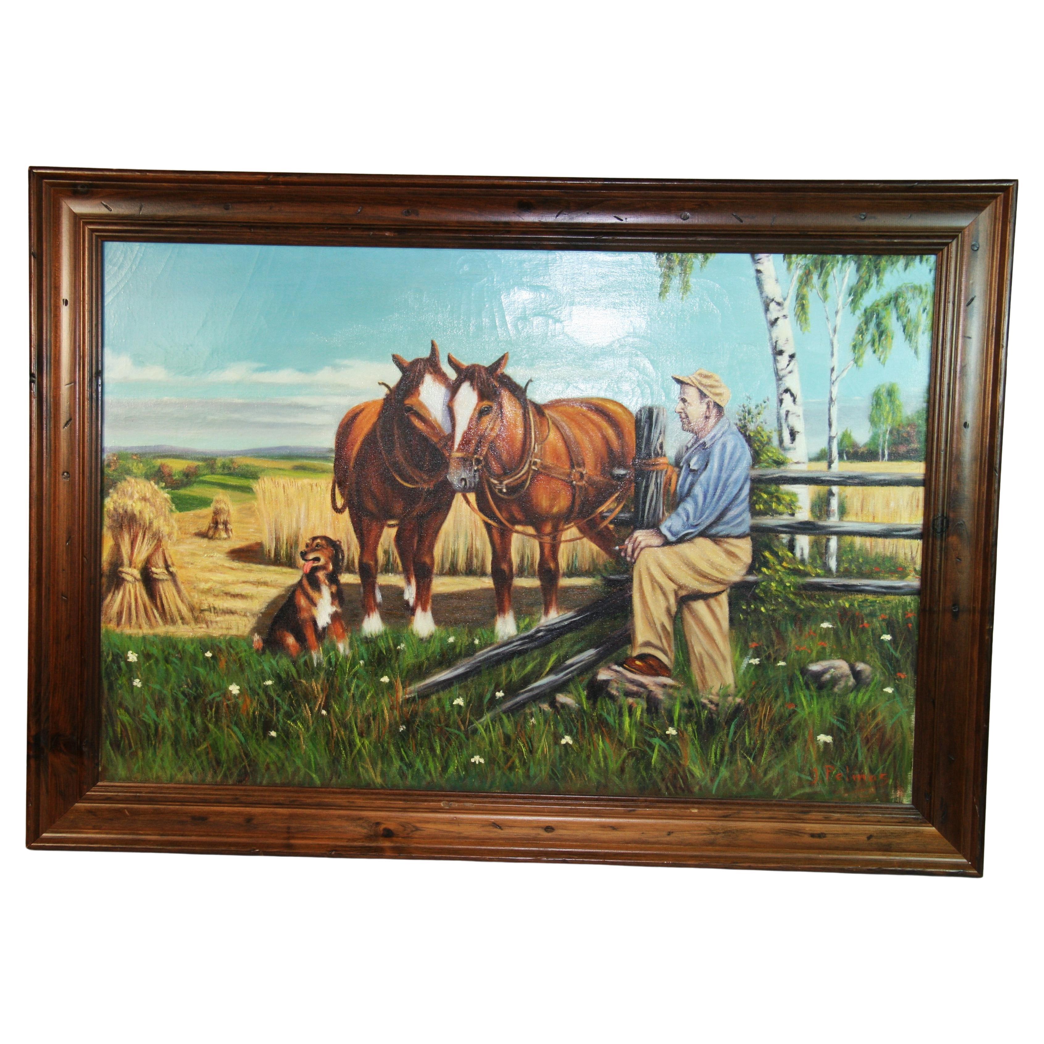 Equestrian Vintage American Large Landscape Oil Painting