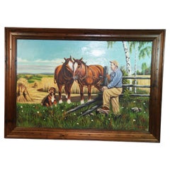 Amerikanisches großes Vintage-Ölgemälde, große Landschaft, Vintage, Ölgemälde, „Farmer mit seinen Pferden und Hund“