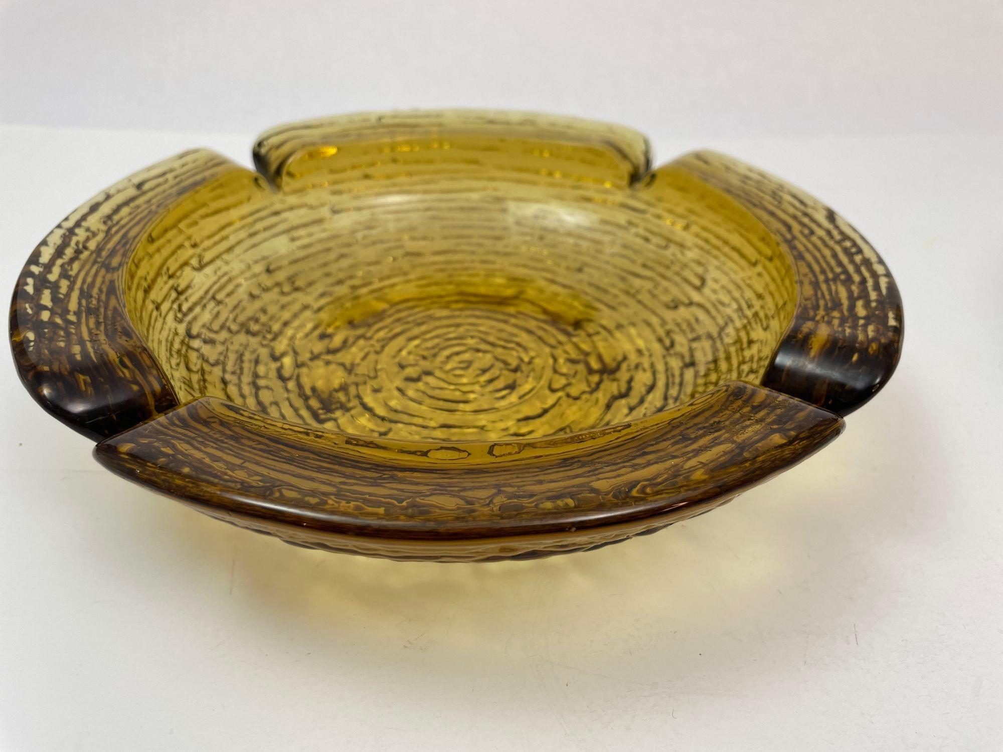 20th Century Vintage American Mid-century Large Textured Amber Glass Ashtray Anchor Hocking