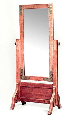 Vintage American Mission Oak Cheval Mirror with Brass Trim