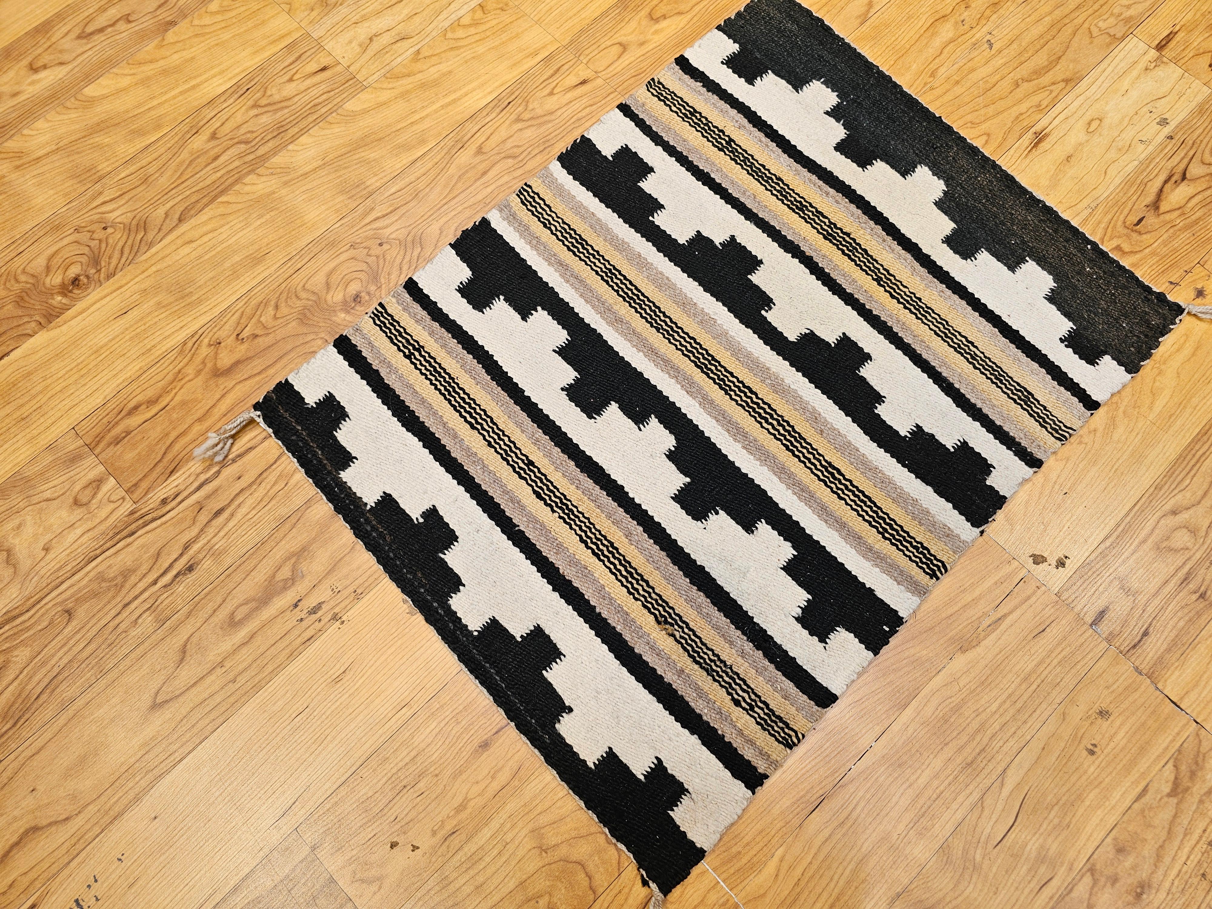 Vintage American Navajo Rug in Landscape Pattern in Ivory, Black, Cappuccino For Sale 3